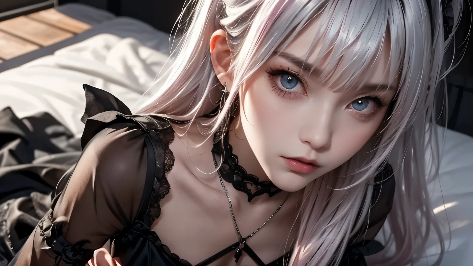 {shooting from a high vantage point}, in the night, lighting out, lying down on stomack, on the bed, wearing black see-through lingerie, gothic lolita fashion, looking up from below, gaze of temptation, blank look, shiny silver and pink hair, pompadour hairstyle, twisted bangs, hair is shaggy and dishevelled, silver eyeblow, slendar figure, , exposed skin, no-makeup, {realistic}, {cinematic}, {photogenic}, {detailed rendering}, {cinematic lighting}, {vibrant colors}, {photorealistic}, {best quality}, {8k}, {hyperdetailed}