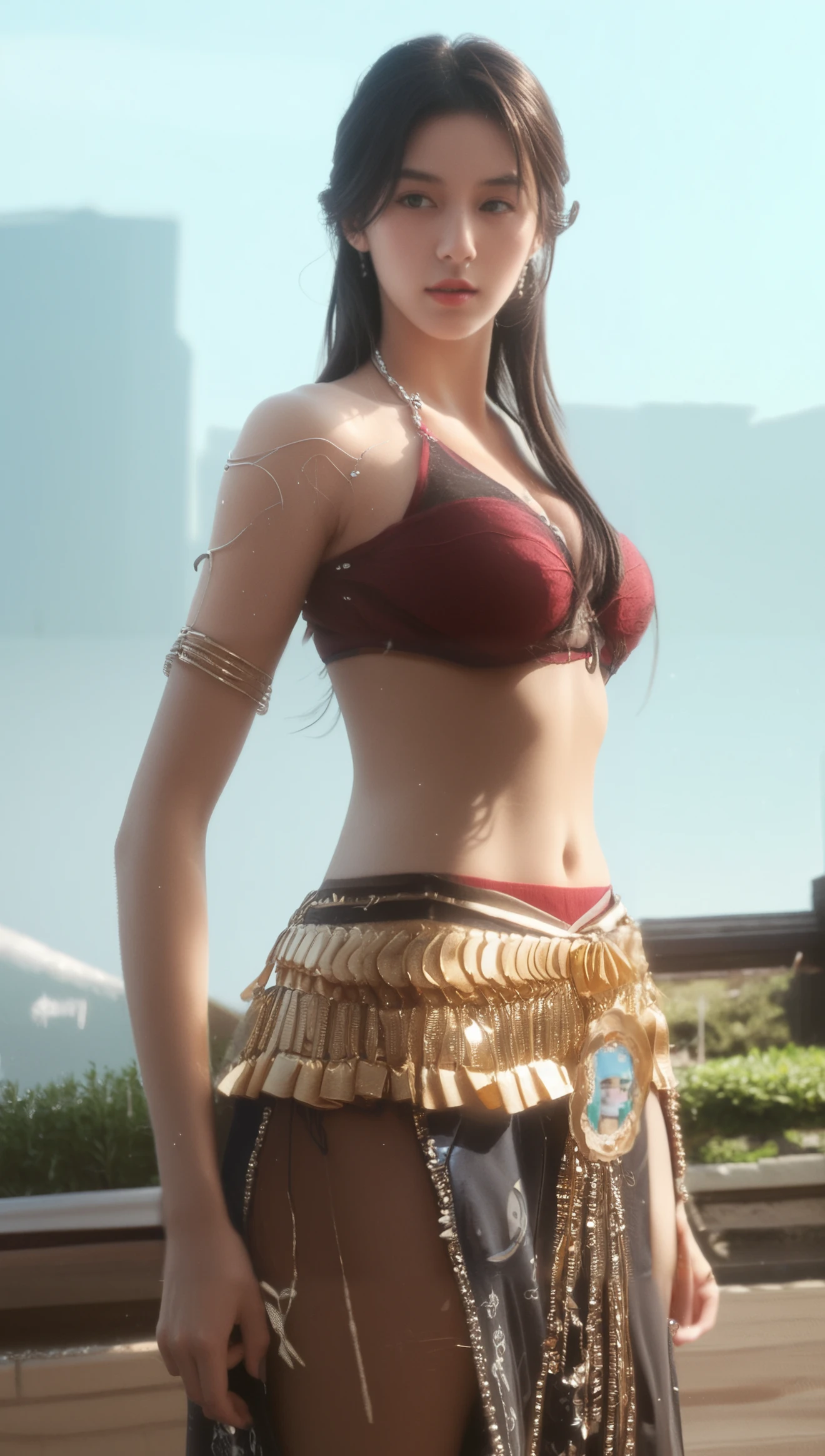 16 yer old Indian girl, long black hair, green eyes, 35DD breasts, wearing push up open bra, small panty, wearing slave collar, city, absurdres, high res, ultrasharp, 8K, masterpiece, looking at viewer