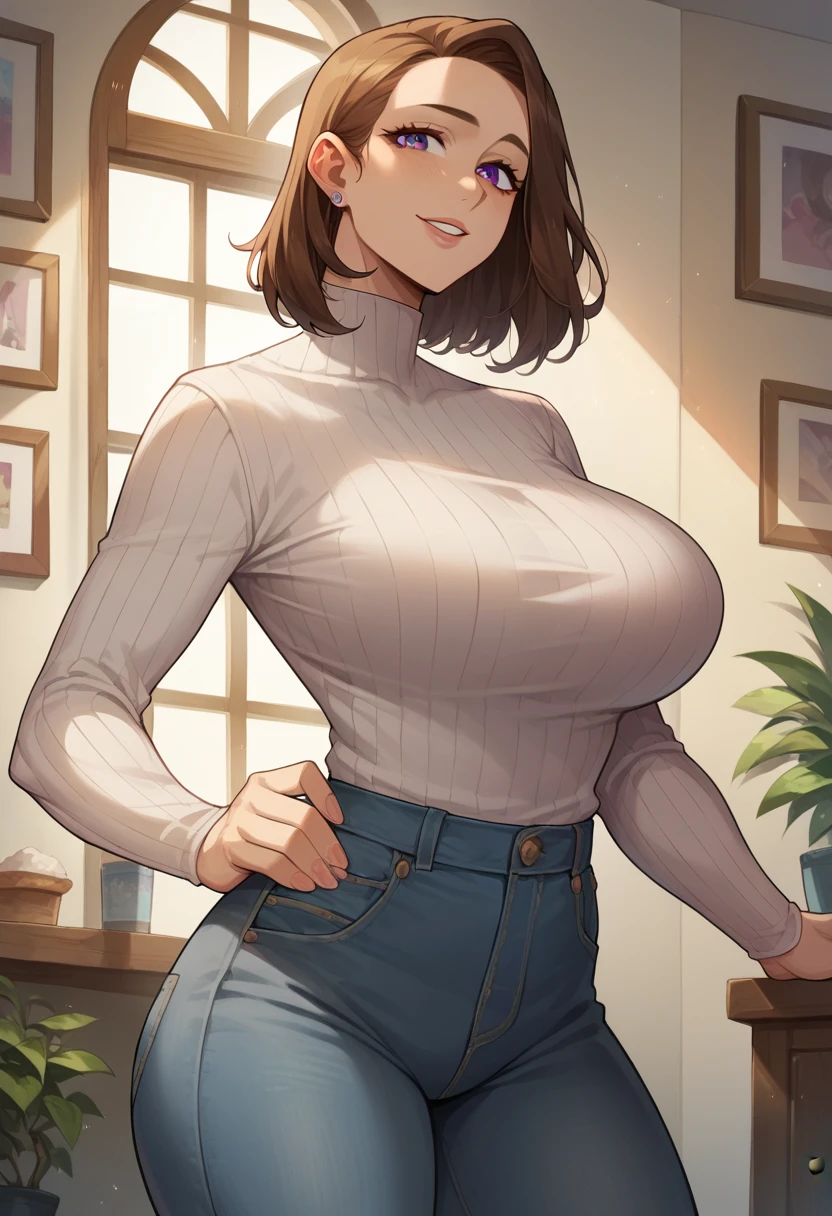 Hyper realistic, KJOyoriko, brown hair, purple eyes, medium hair, forehead,, milf, mature female, perfect face, perfect lighting,, sexy female, large breasts, High neck long sleeve white ribbed knit T-shirt、Denim pants、