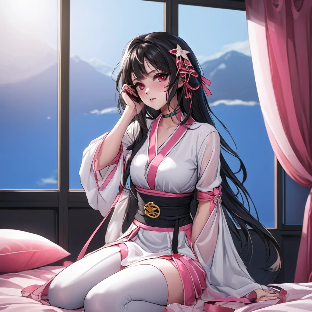 best quality, ultra-detailed, HDR, studio lighting, professional, vivid colors, sharp focus, sparkle \(honkai: star rail\), red eyes, black hair, long hair, white dress, pink sailor collar, pink scarf, scarf, sitting on bed, indoor, window, blue sky, hands back rope bondage, leg rope bondage, thigh rope bondage, bust rope bondage, feet rope bondage, ((Hands behind the back)), ((Wrists tied behind back)), ((Ankle binding)), gag, otm gag, gagged, angry, crying, sitting on bed, indoor, window, upper body, sad, (good eyes)