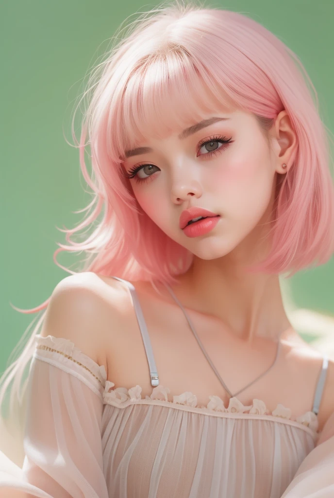 (  Details) ,  HYPER DETAIL , Realistic Portrait ,  perfect face.Teenage Girl,  is taking a selfie,front, clear double eyelids, blue eyes and long eyelashes, Realistic Face,  Details skin、 Pink Short Hair, Forehead bangs  , Sheer cropped off-the-shoulder shirt and white high-waisted pleated skirt , Bra Shoulder Straps 、Indoor lighting, White background , Natural Light , Soft Shadows,  Cozy and relaxed vibe  .