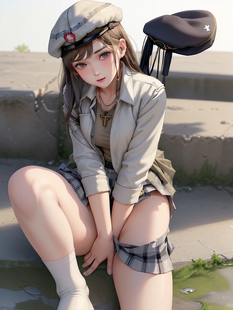 High school girl,military jacket, Newsboy cap、 necklace 、military jacket、Age 15、wet white panties、Cameltoe、plaid long pleated skirt、skirt lift, and knee-high socks,Newsboy cap、Sit on a brick、Open your legs a little,Ancient City、 looking at the camera 