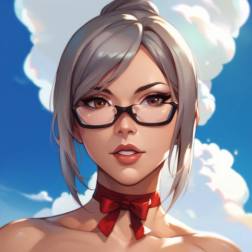 score_9_up, score_8_up, score_7_up, meiko shiraki,  Alone, glasses, sky, cloud, day, grey hair, short hair, choker, brown eyes, lips, parody, parted lips, blue sky, ribbon choker, best quality, high quality,Completely naked,Huge breasts