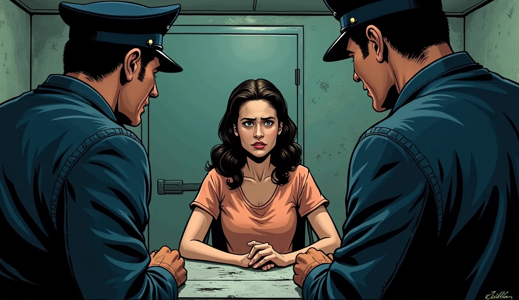 Old school comic
A young foster mother being questioned by police investigators