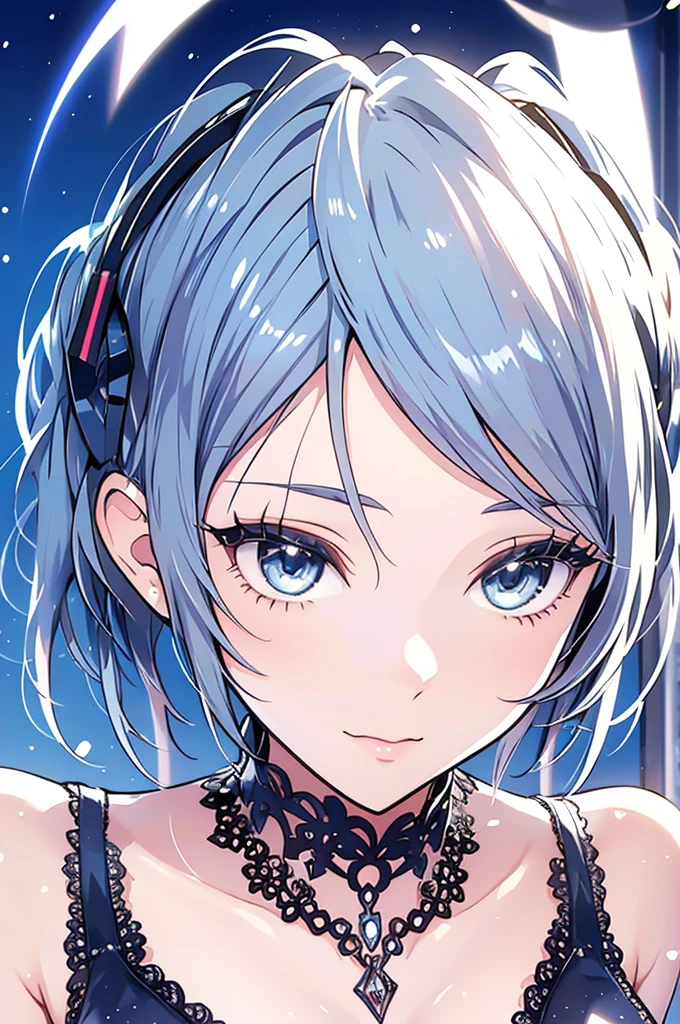 Beautiful and fair, Radiant Skin, 3 Up, Gorgeous, bright, Refreshing and gentle expression, Perfect beautiful face, Beautiful shiny bangs, A very beautiful  old girl, Eyeliner, Very perfect and beautiful lovely big clear sky blue eyes, Very large breasts, Grooves reveal original skin, Muscular body, Silver glasses, Lace Bikini, Hatsune Miku