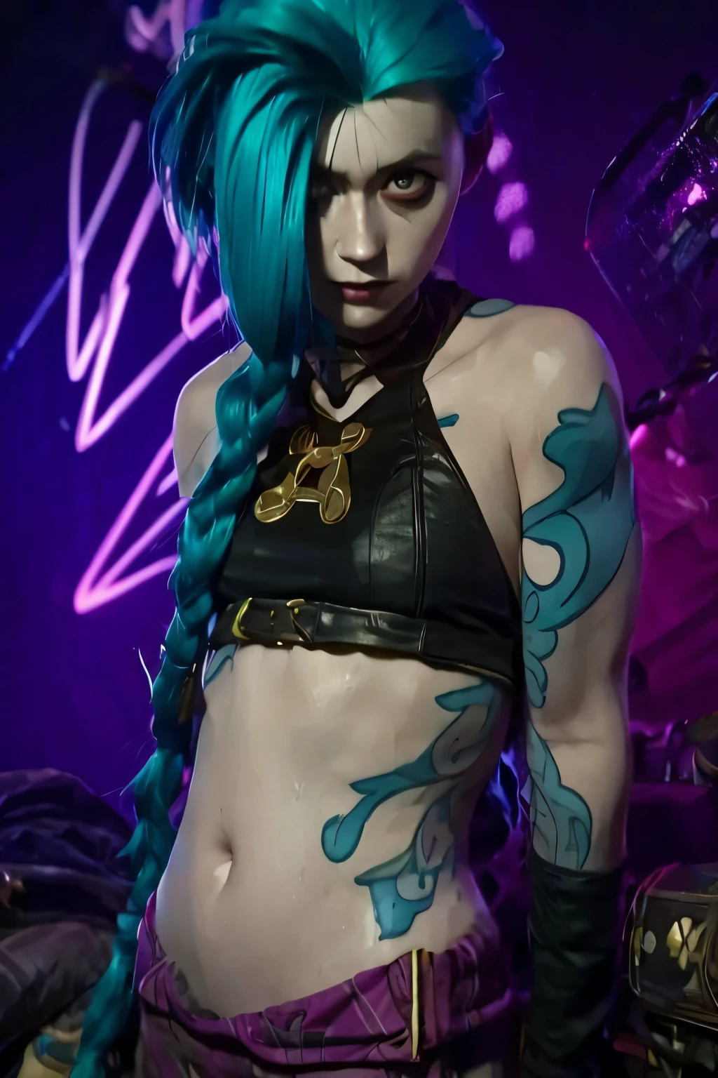 (masterpiece, best quality:1.2), 1girl, solo, Jinx, wearing a Jinx Arcane Costume, tattoo, belly tattoo blue hair with two long twin braids detailed. Neon graffiti Background.