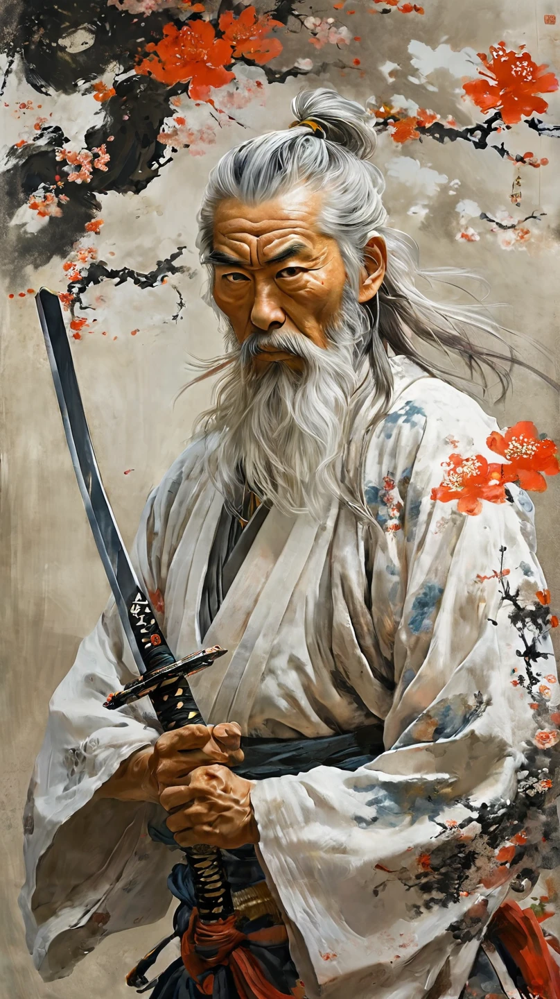 historic, Gray Hair,White long beard,Alafed image of a man with a sword in his hand, samurai portrait, inspired by Kanō Sanraku, miyamoto musashi, ancient Japanese Samurai, samurai portrait, Japanese Samurai, Inspired by Wu Daozi, Samurai Style, Samurai Man Wanderer, Traditional Japanese concept art, Works inspired by Kano Hogai
