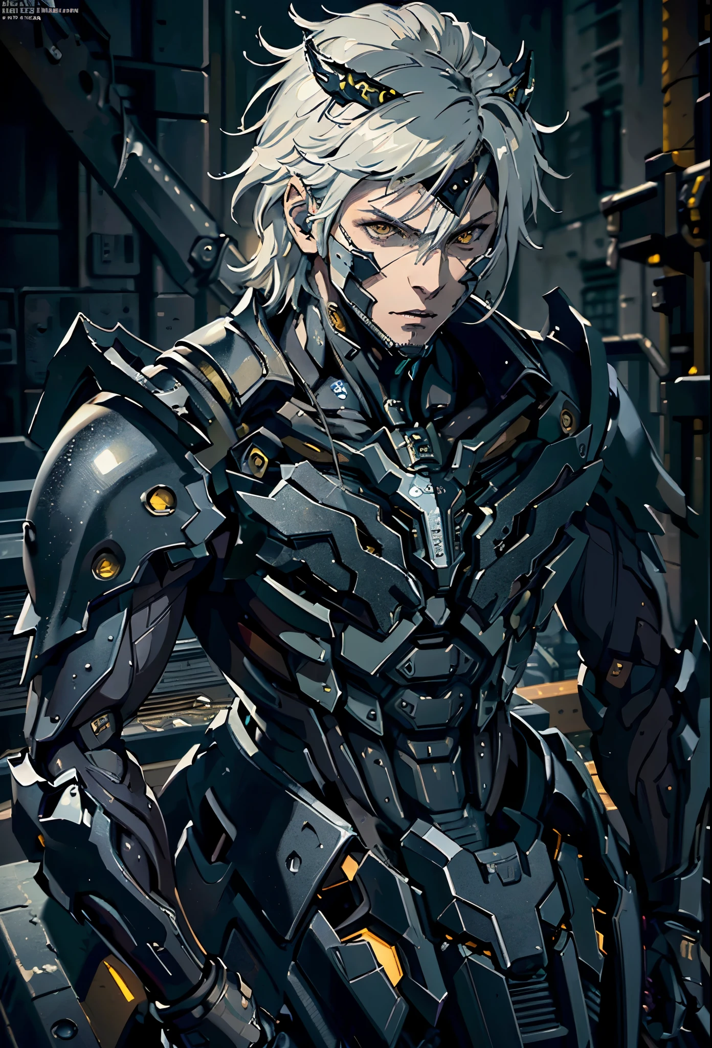 absurdres, highres, ultra detailed, HDR, masterpiece, extremely detailed face and eyes, extremely detailed features, Raiden, Metal gear rising, white spiky hair, yellow eyes, metal gear rising, final fantasy, solo, sexy man, handsome, cybernetic black armor, oppressive dark atmosphere, darkness, magical scene.