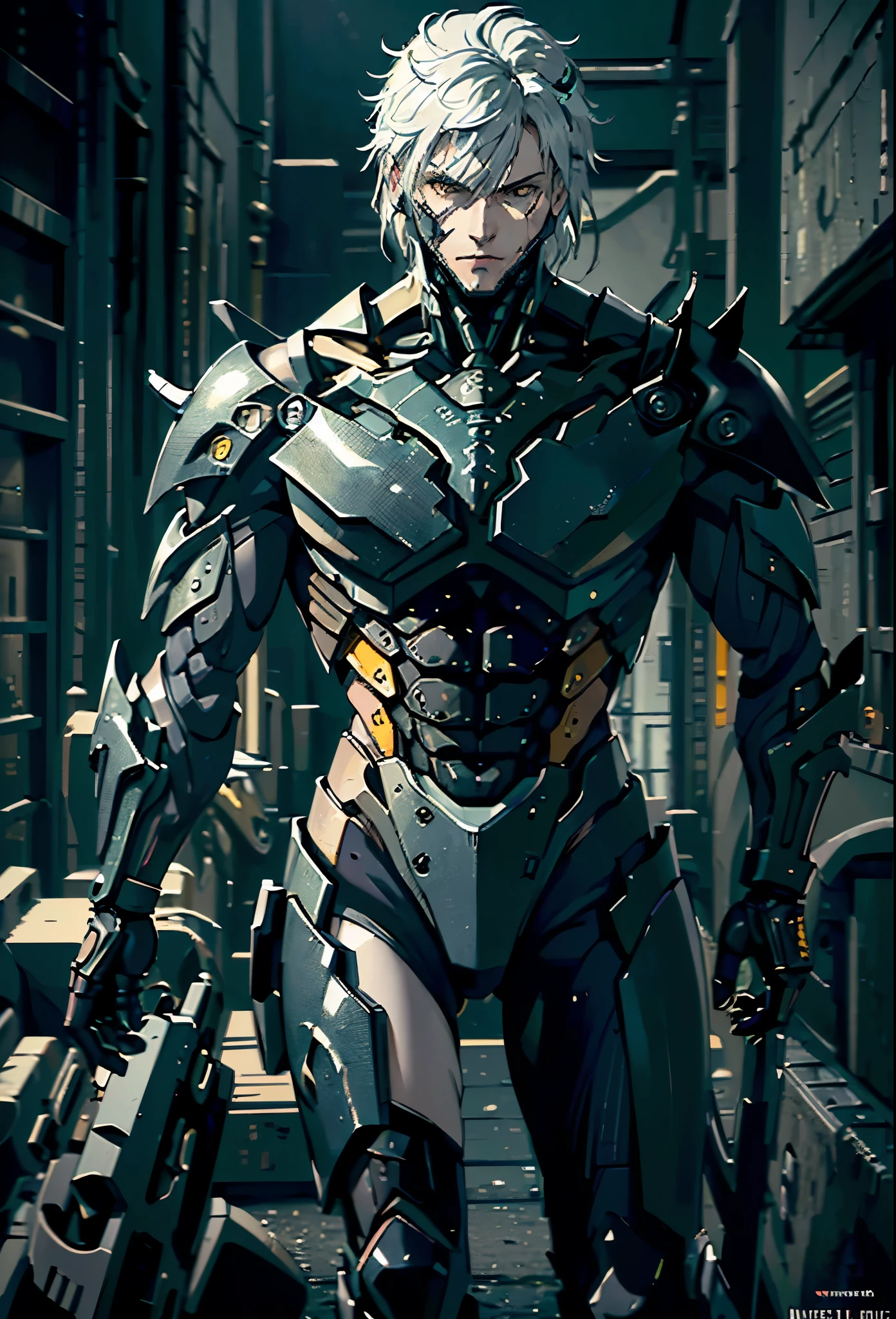 absurdres, highres, ultra detailed, HDR, masterpiece, extremely detailed face and eyes, extremely detailed features, Raiden, Metal gear rising, white spiky hair, yellow eyes, metal gear rising, final fantasy, solo, sexy man, handsome, cybernetic black armor, oppressive dark atmosphere, darkness, magical scene.