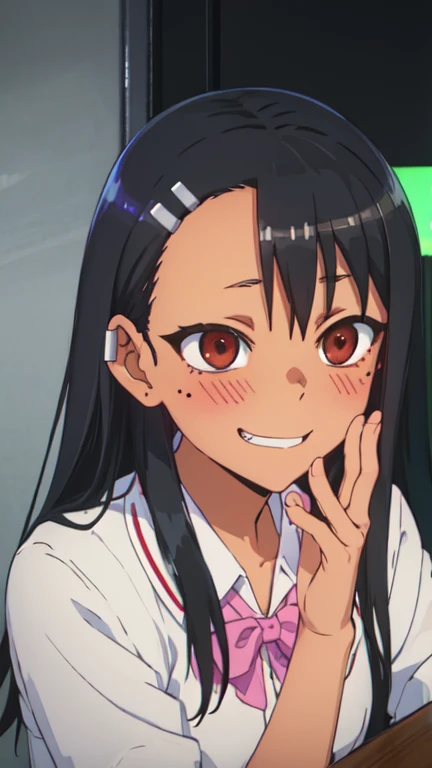 Best Quality, masterpiece,  high definition, Alone, (Nagatoro _Hayase_donttoywithmemissNagatoro :1.10),  1 girl,   moles under eyes,   shiny satin panties 、Shiny satin bra、 is looking over here、 smirking face、Has a big dildo、Handjob、 fellatio、toilet、Bow-legged、Junior high school students、Half-laugh、 seductive expression 、 neon colored lights、Touch the glans