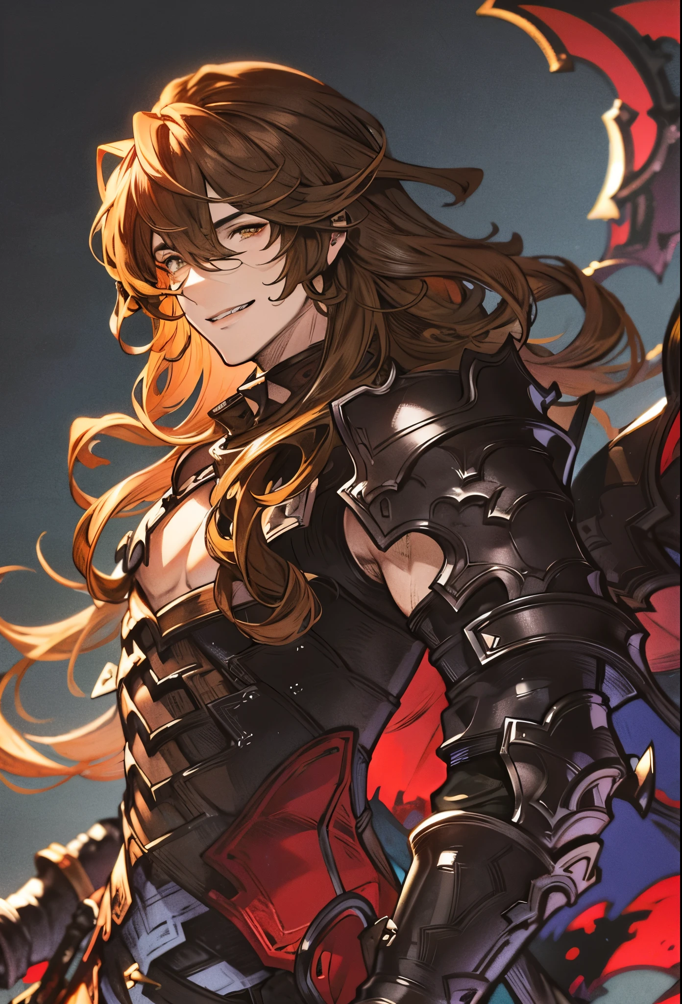 absurdres, highres, ultra detailed, HDR, master piece, best quality, Sigfried, brown hair, hair between the eyes, expressive yellow eyes, long hair, Granblue Fantasy, solo, sexy man, sensual, adult face, handsome, black clothes with dark knight armor, manly man, smiling, fantasy, magical, garden oppressive dark atmosphere, red environment, dark.