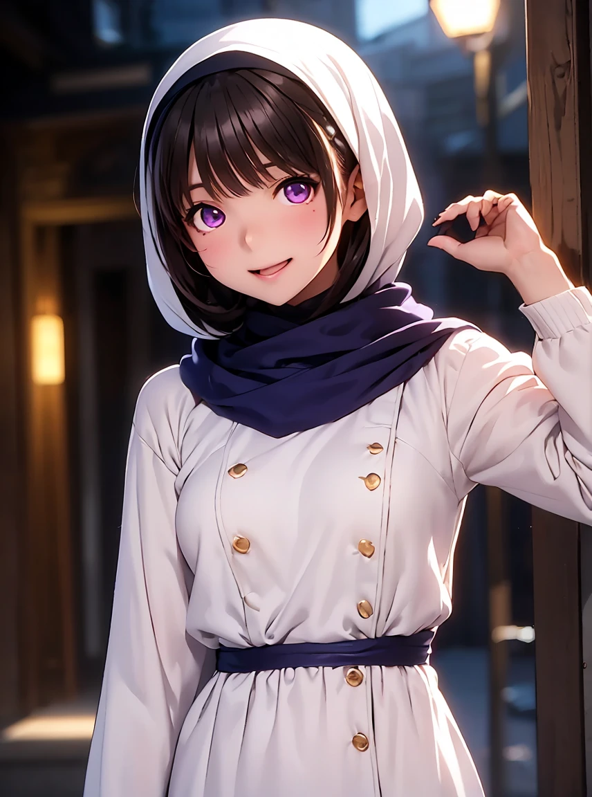   high definition ,In 8K, highest quality, Details,Semi-realistic anime, D Anime Style , Smooth Anime CG , one girl playing pranks,18 year old Japanese female,slim,modeling,VERY STRAIGHT HAIR ,  pink shimmering lips ,  Glossy Black Hair , Detailsな顔,Beautiful and  Details, ,(( deep blue-purple glowing eyes)),( small breasts),(Shut your mouth.),(Laughter),(( depth of field )),( has a blurry background), appears to be an Arab Muslim woman with medium long midnight blue hair。, A black Arab abaya and 、 wearing a black hijab that looks like a scarf covering her face .
