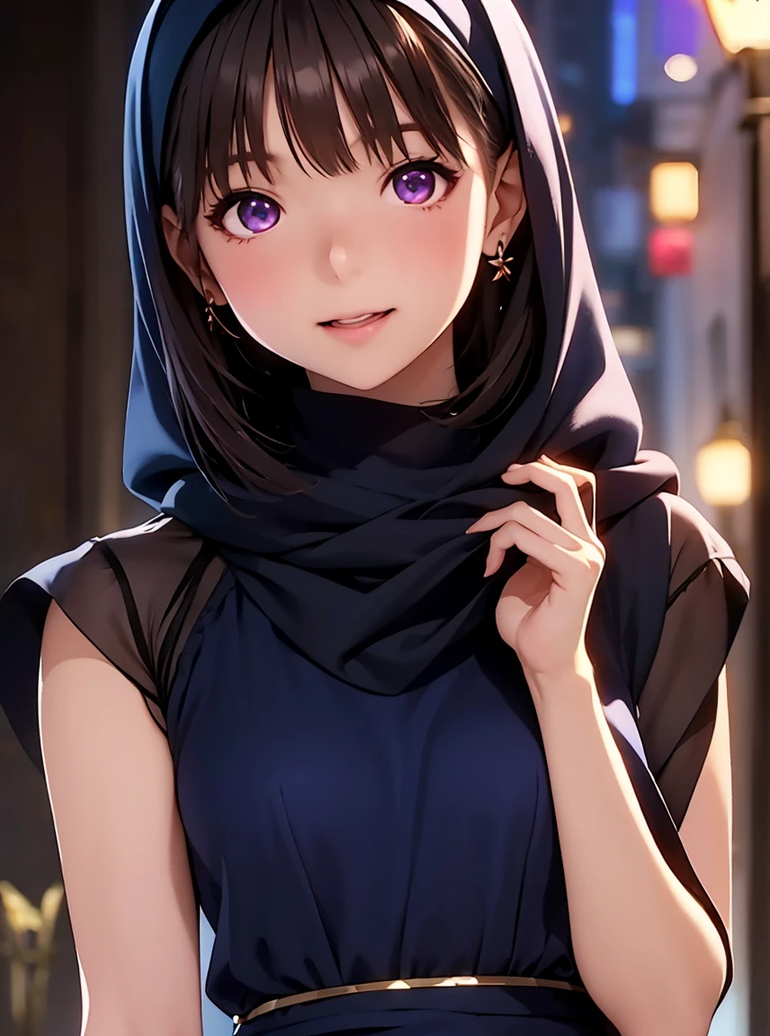   high definition ,In 8K, highest quality, Details,Semi-realistic anime, D Anime Style , Smooth Anime CG , one girl playing pranks,18 year old Japanese female,slim,modeling,VERY STRAIGHT HAIR ,  pink shimmering lips ,  Glossy Black Hair , Detailsな顔,Beautiful and  Details, ,(( deep blue-purple glowing eyes)),( small breasts),(Shut your mouth.),(Laughter),(( depth of field )),( has a blurry background), appears to be an Arab Muslim woman with medium long midnight blue hair。, A black Arab abaya and 、 wearing a black hijab that looks like a scarf covering her face .
