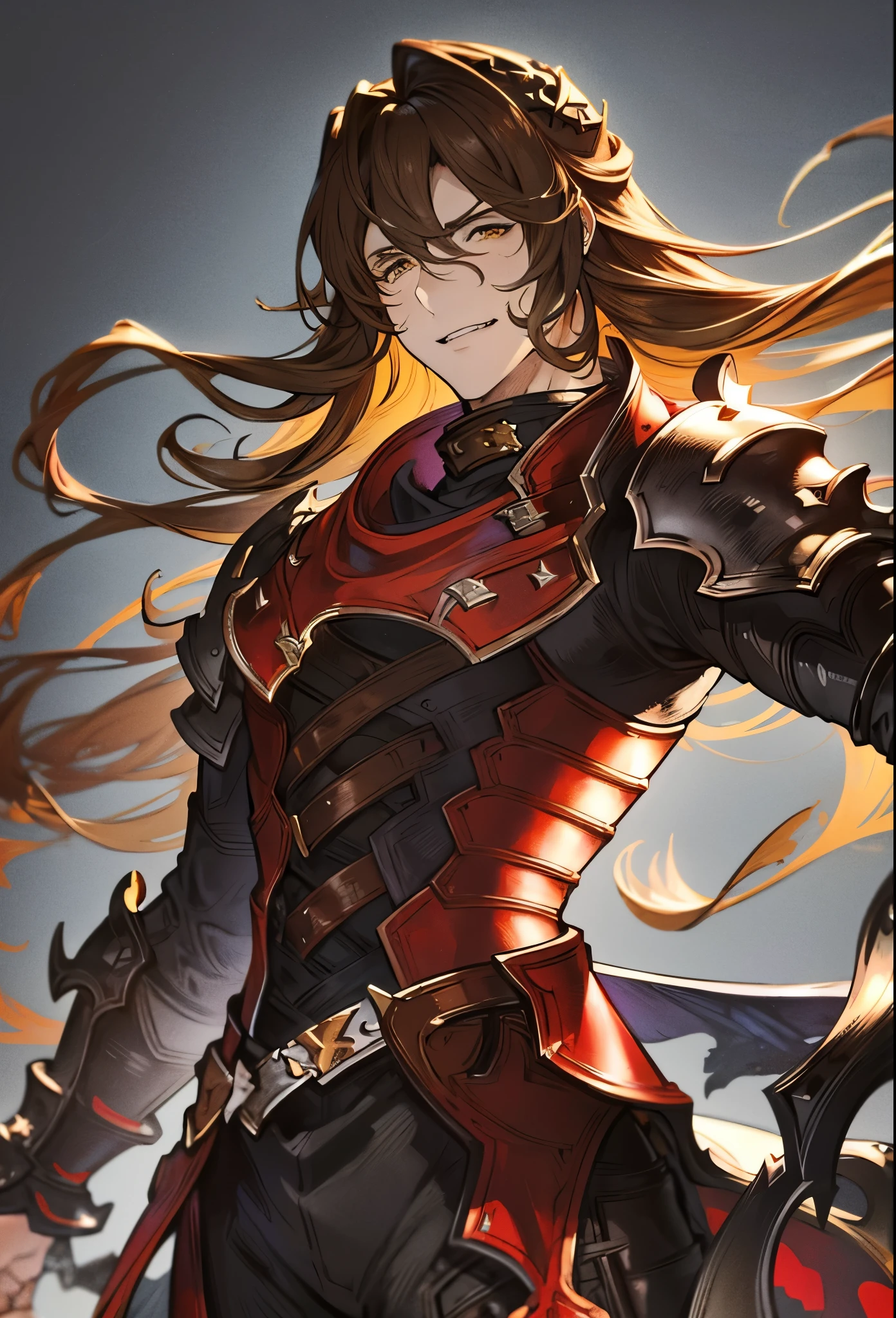 absurdres, highres, ultra detailed, HDR, master piece, best quality, Sigfried, brown hair, hair between the eyes, expressive yellow eyes, long hair, Granblue Fantasy, solo, sexy man, sensual, adult face, handsome, black clothes with dark knight armor, manly man, smiling, fantasy, magical, garden oppressive dark atmosphere, red environment, dark.