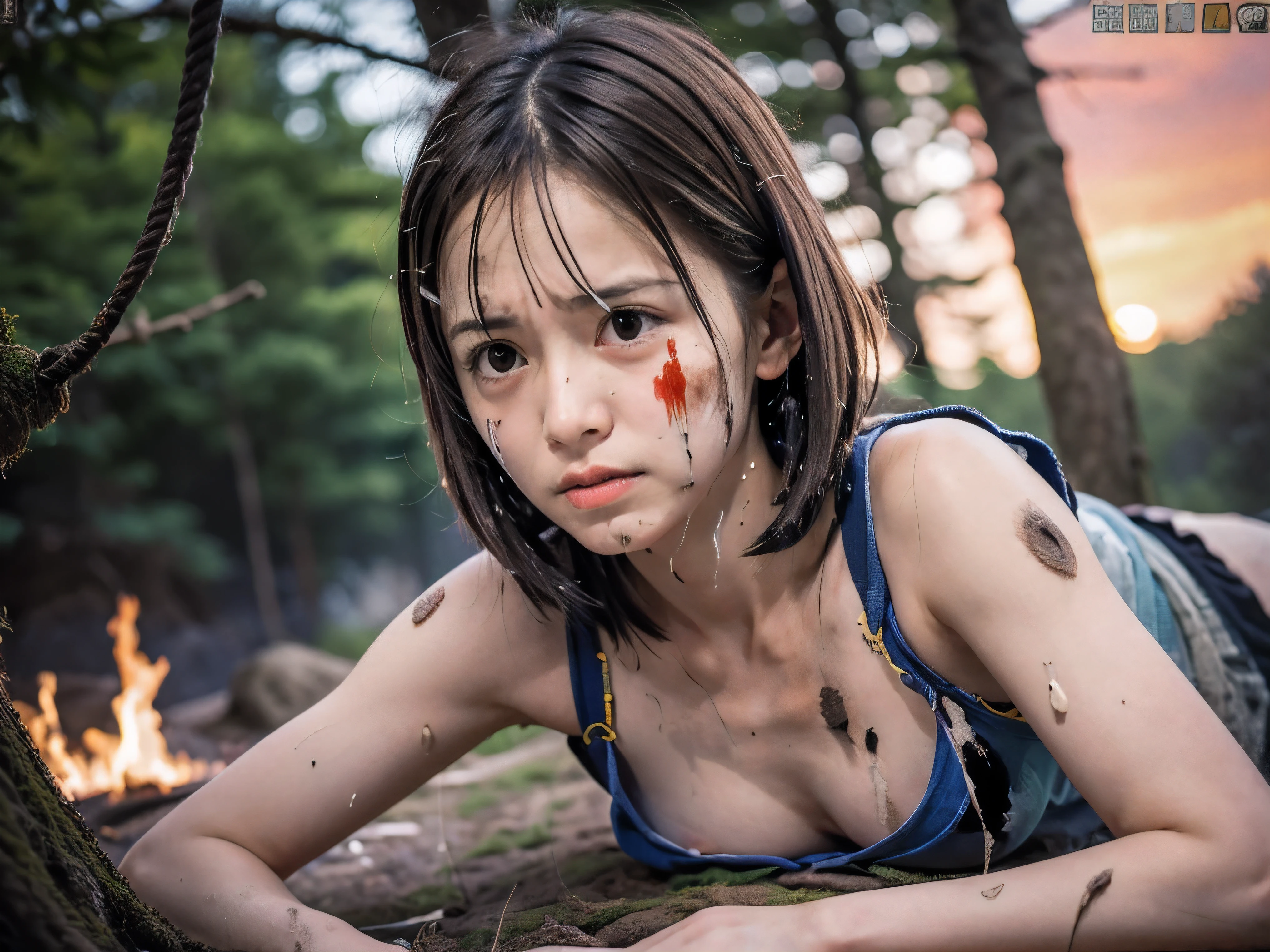 (Low angle shot of one slender small breasts round face brown short hair with bangs girl in a samurai silver armor:1.5)、(One girl is lying with her back behind on the wilderness land at the Sengoku period in Japan with crying dirty sperm splashed face:1.5)、(One girl has splashed sperm and blood on her face and body:1.5)、(One girl is tied wrist by rope:1.5)、(The big fire and burning trees on the wilderness land with red sky:1.5)、(blurred background:1.5)、(Natural light:1.5)、(8k ultra detailed master piece:1.5)、(perfect anatomy:1.5)、(Photorealistic stick:1.5)、(Raw photo:1.3)、(highest quality:1.5)、(High resolution:1.3)、(Delicate and beautiful perfect face:1.3)、(Delicate and beautiful eye air skin:1.3)、(Real Human Skin:1.3)、((thin legs))