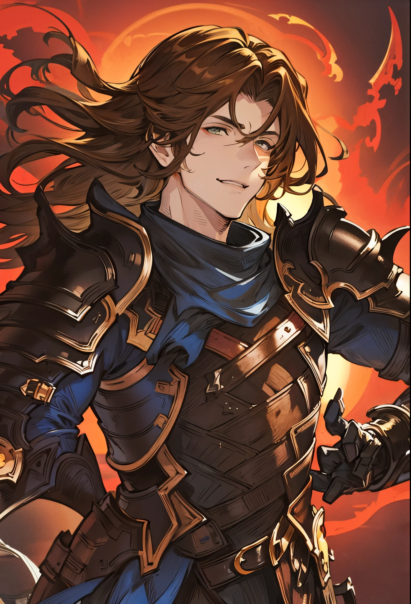 absurdres, highres, ultra detailed, HDR, master piece, best quality, Sigfried, brown hair, hair between the eyes, expressive yellow eyes, long hair, Granblue Fantasy, solo, sexy man, sensual, adult face, handsome, black clothes with dark knight armor, manly man, smiling, fantasy, magical, garden oppressive dark atmosphere, red environment, dark.