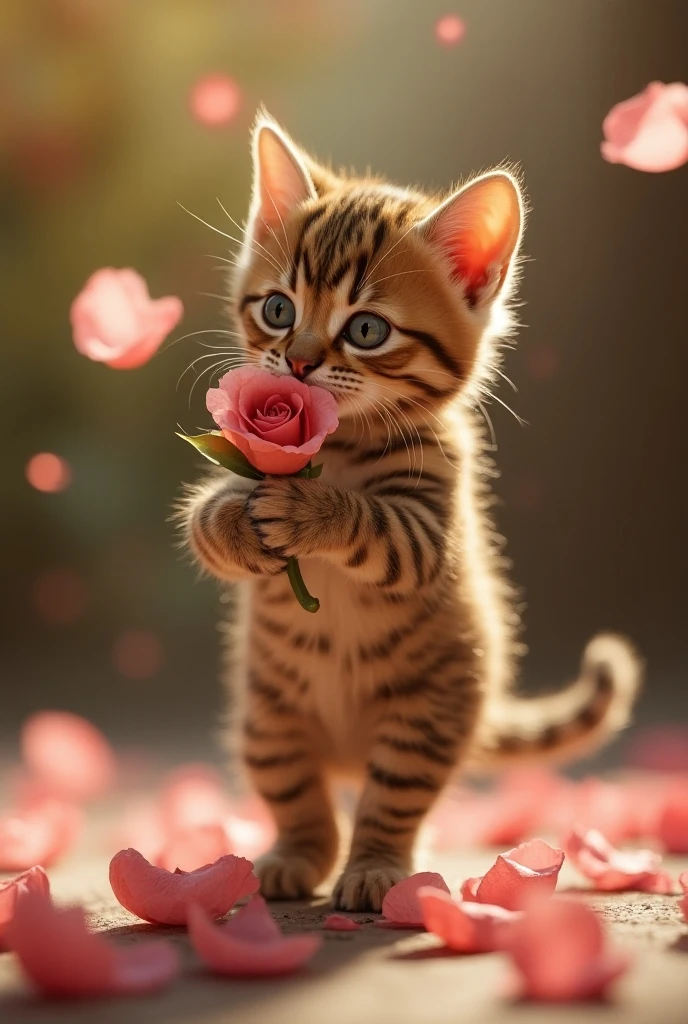  The cutest brown tiger pattern kitten in the world holding a rose and dancing tango、Realistic、Rose petals fluttering through the screen 、 dynamic composition 