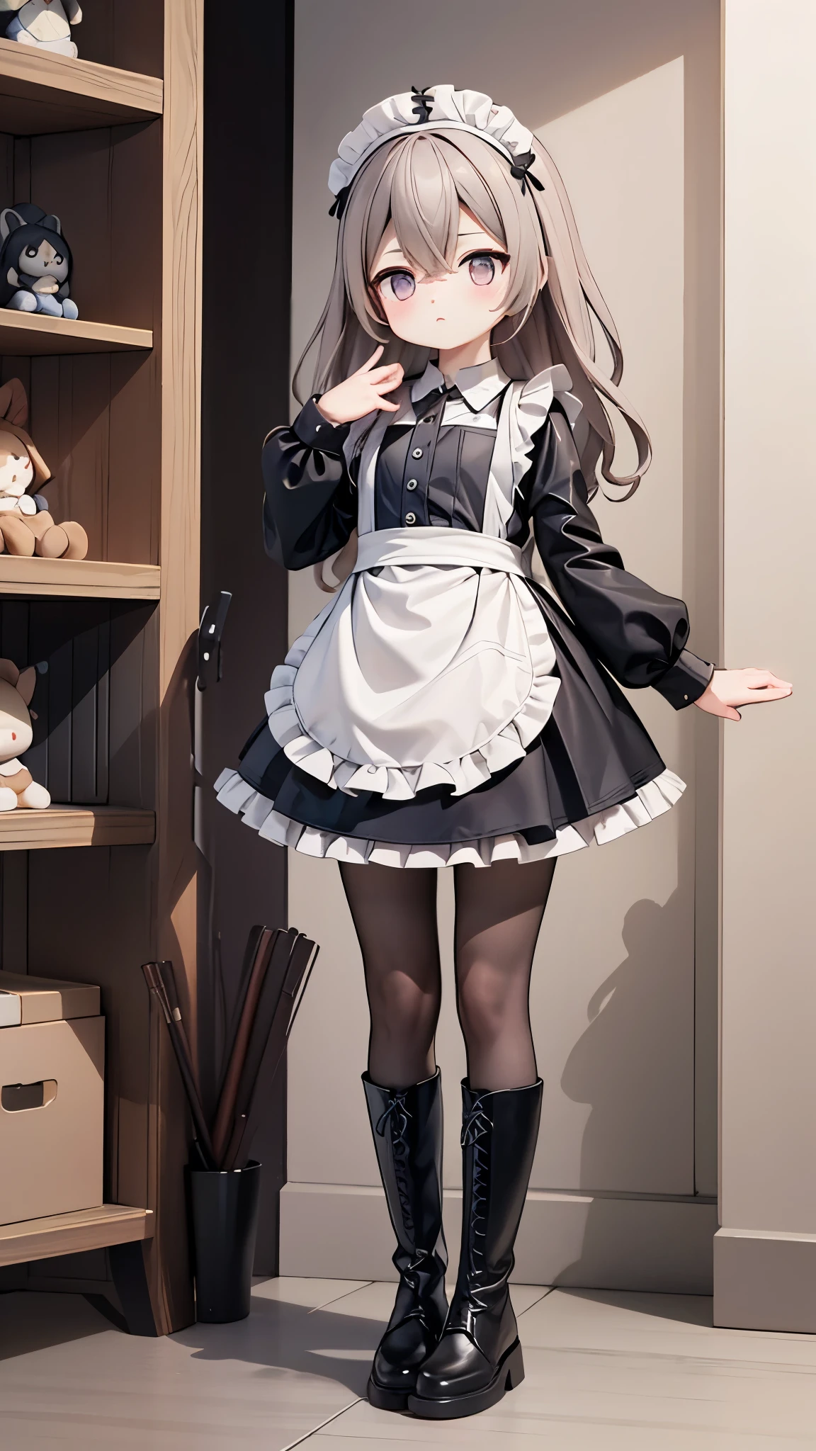 line-up，，Koukornidome doll， black leather boots ，  white pantyhose ,Maid costume