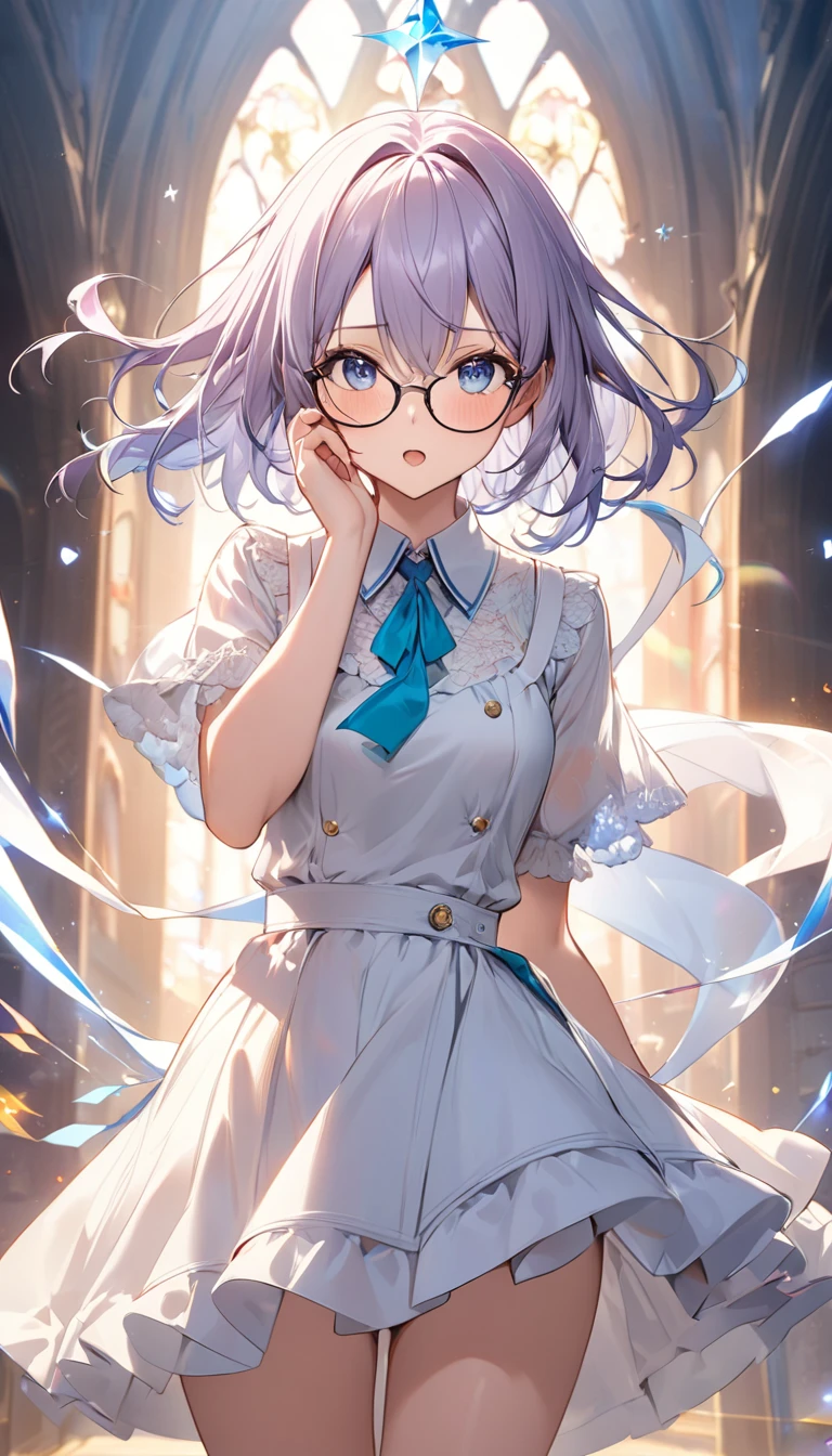 Faithfully reproduce the gesture of wearing glasses, Magical moments, 
break 視聴者に顔を向けて上目遣いで機嫌を伺う表情, 
break,  bright and charming eyes, 
break ( dynamic shot from the side:1.1,  eye height shot), masterpiece, accurate,  anatomically correct , Best Quality, 