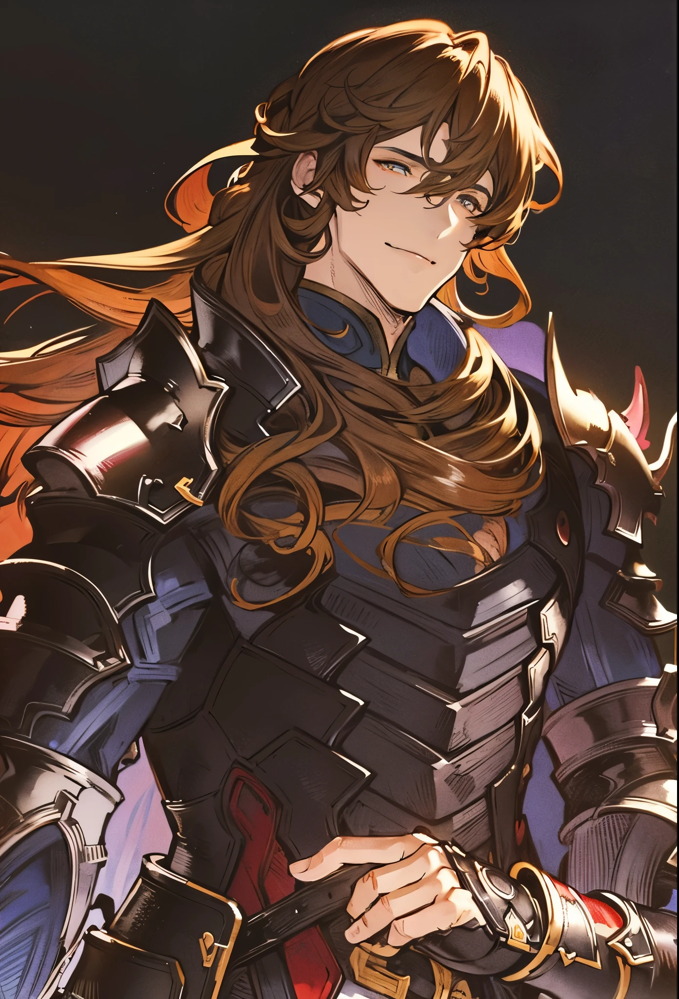 absurdres, highres, ultra detailed, HDR, master piece, best quality, Sigfried, brown hair, hair between the eyes, expressive yellow eyes, long hair, Granblue Fantasy, solo, sexy man, sensual, adult face, handsome, black clothes with dark knight armor, manly man, smiling, fantasy, magical, garden oppressive dark atmosphere, red environment, dark.