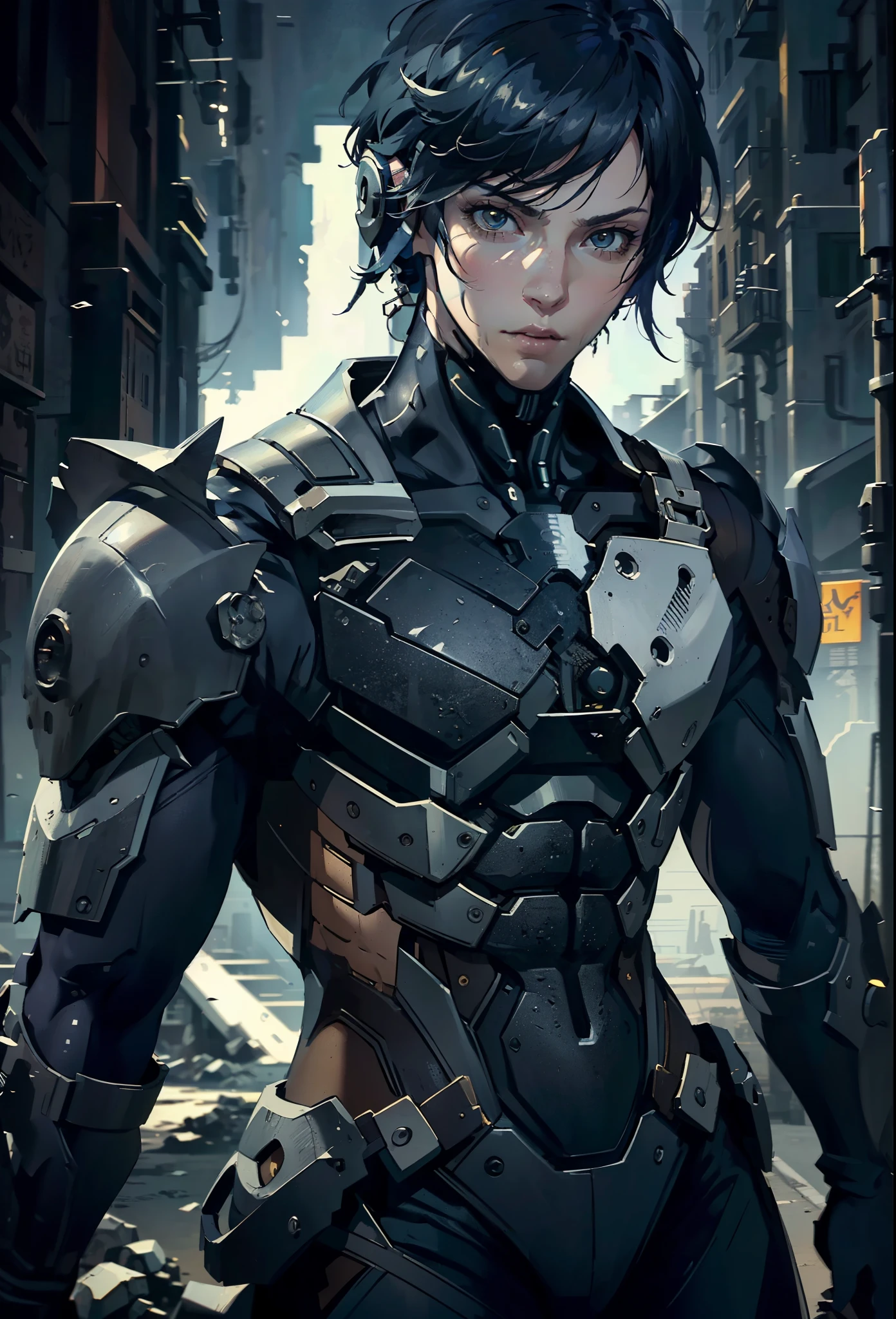 absurdres, highres, ultra detailed, HDR, masterpiece, extremely detailed face and eyes, extremely detailed features, Raiden, Metal gear rising, white spiky hair, yellow eyes, metal gear rising, final fantasy, solo, sexy man, handsome, cybernetic black armor, oppressive dark atmosphere, darkness, magical scene.