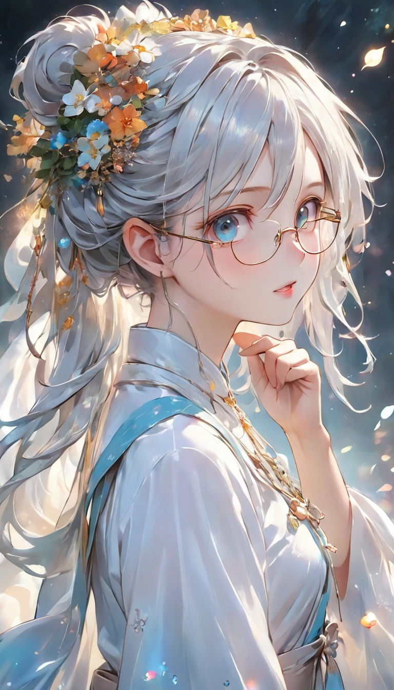 Faithfully reproduce the gesture of wearing glasses, Magical moments, 
break 視聴者に顔を向けて上目遣いで機嫌を伺う表情, 
break,  bright and charming eyes, 
break ( dynamic shot from the side:1.1,  eye height shot), masterpiece, accurate,  anatomically correct , Best Quality, 