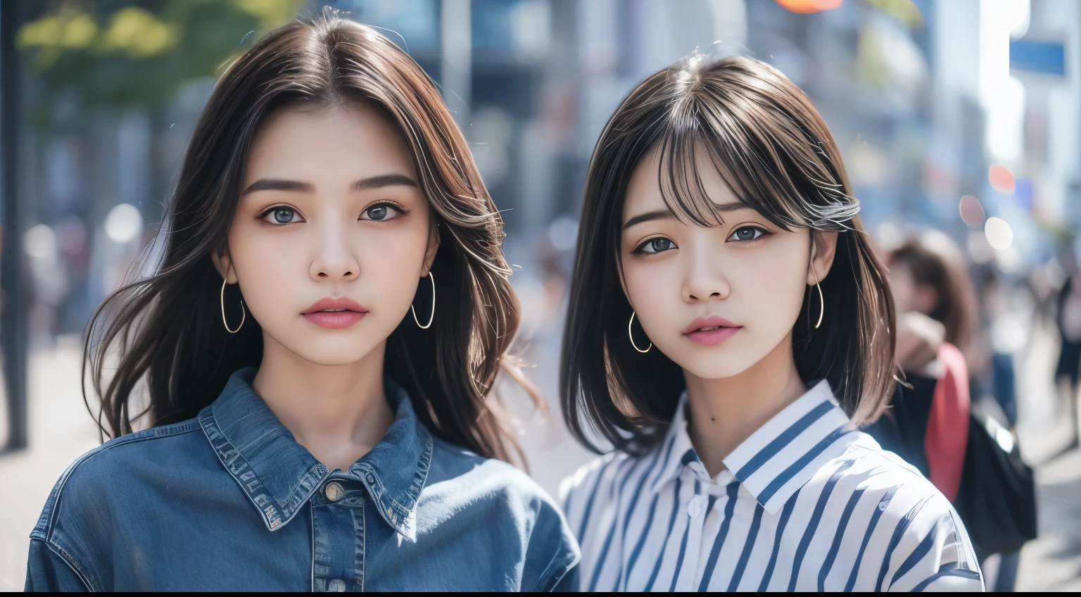 Beautuful Women、Long sleeve shirt with blue vertical stripes、Denim skirt、A detailed face、Detailed lips、A detailed eye、luslous skin、One Person、Small face