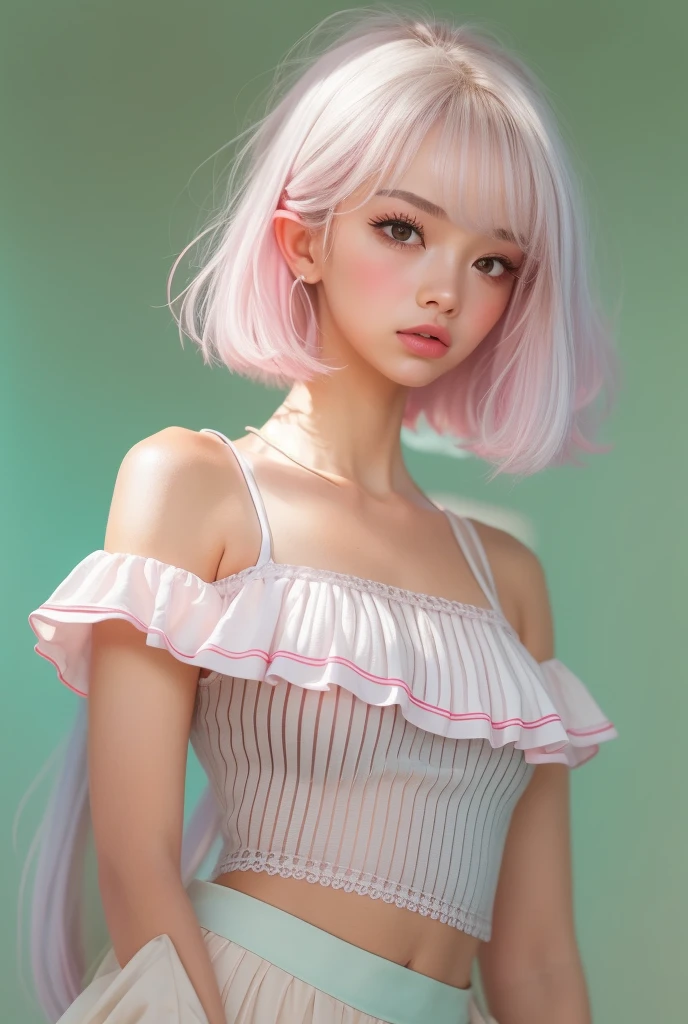 (  Details) ,  HYPER DETAIL , Realistic Portrait ,  perfect face.Teenage Girl,  is taking a selfie,front, clear double eyelids, blue eyes and long eyelashes, Realistic Face,  Details skin、 Pink Short Hair, Forehead bangs  , Sheer cropped off-the-shoulder shirt and white high-waisted pleated skirt , Bra Shoulder Straps 、Indoor lighting, White background , Natural Light , Soft Shadows,  Cozy and relaxed vibe  .