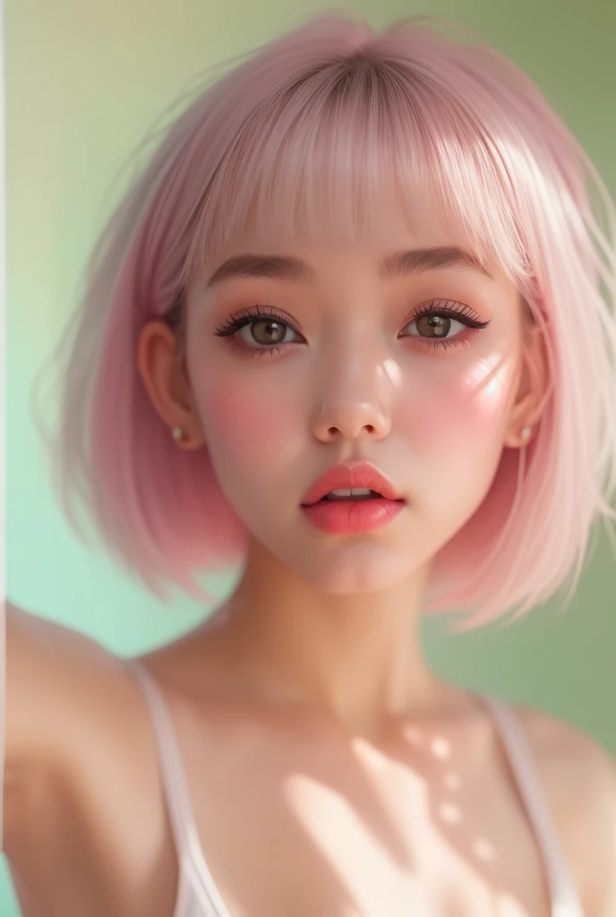 (  Details) ,  HYPER DETAIL , Realistic Portrait ,  perfect face.Teenage Girl,  is taking a selfie,front, clear double eyelids, blue eyes and long eyelashes, Realistic Face,  Details skin、 Pink Short Hair, Forehead bangs  , Sheer cropped off-the-shoulder shirt and white high-waisted pleated skirt , Bra Shoulder Straps 、Indoor lighting, White background , Natural Light , Soft Shadows,  Cozy and relaxed vibe  .