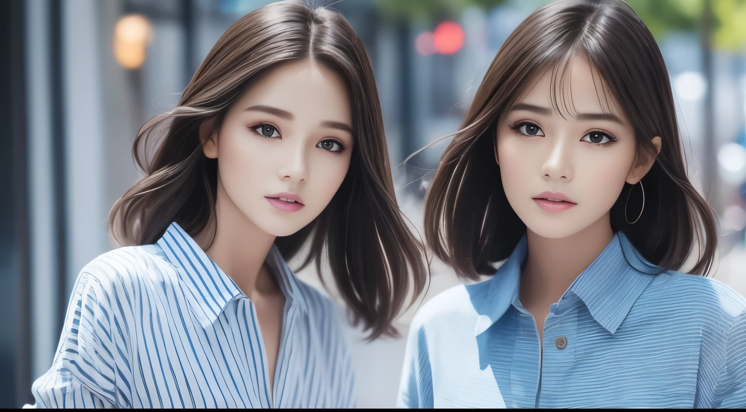 Beautuful Women、Long sleeve shirt with blue vertical stripes、Denim skirt、A detailed face、Detailed lips、A detailed eye、luslous skin、One Person、Small face