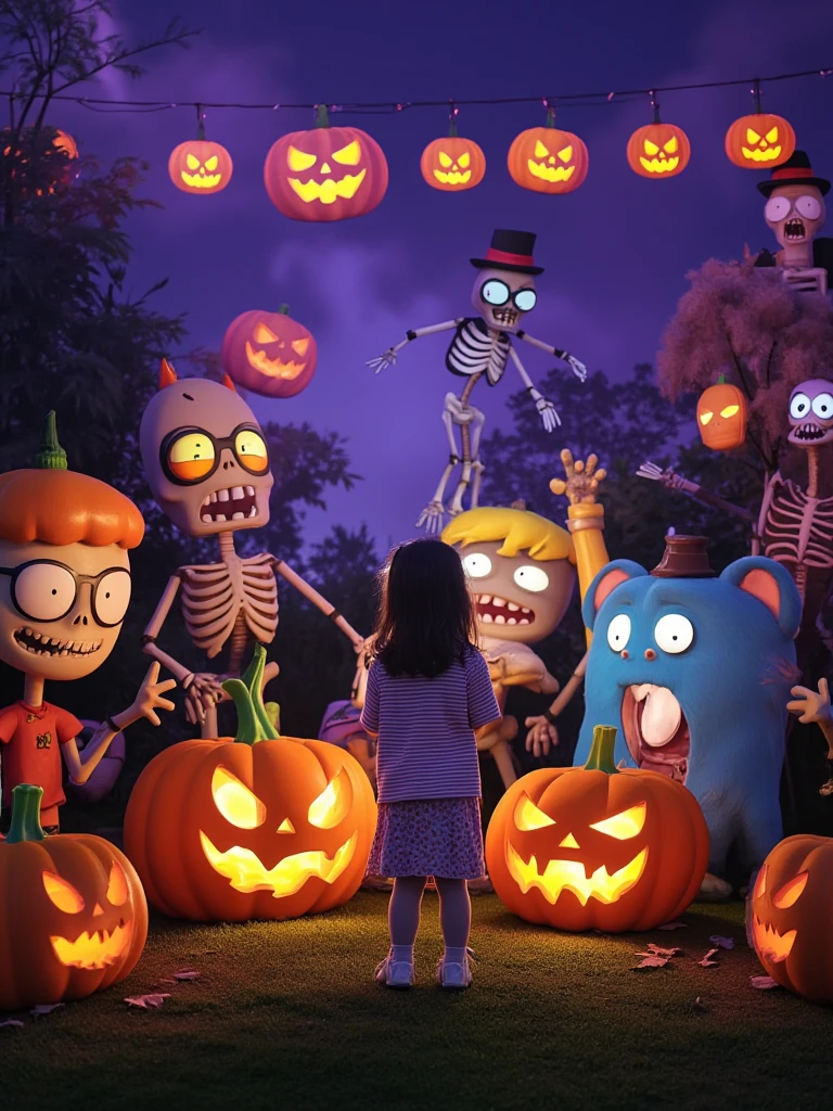 [Vision:1.0]，[Wide Angle:1.0]，写真photography，Halloween Night， Surrounded by various characters in the Plants vs. Zombies game，The girl stands in the middle ， Halloween decorations （Such as pumpkins、ghost、Skeleton）， creates a festive atmosphere ，Bright colors， cartoon style with a sense of humor ， combines the mystery and fun of Halloween ，photography，Movie Stills，Realism， film grain ，UHD，masterpiece，accurate， anatomically correct，Skin texture ， super detailed，Award-winning works， best quality ，8k，Bright colors，Bright，RGB， Colorful， is popular on social platforms，((Dopamineism))，((( dopamine color scheme )))，Facing the screen，High Saturation， high contrast 