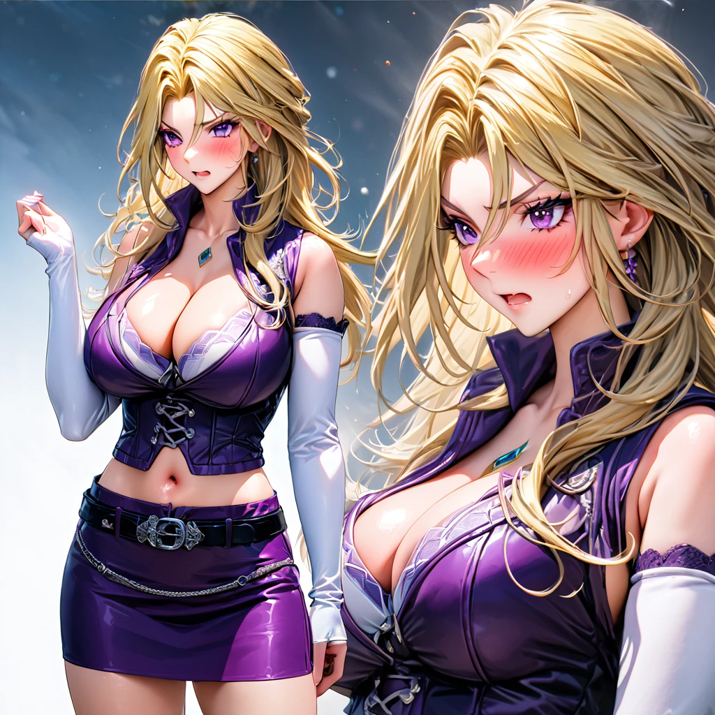 (yu-gi-oh!\kujaku mai\), blonde hair, purple eyes, breasts, blush, purple skirt,tight skirt, miniskirt, long hair, large breasts, elbow gloves, white gloves, navel, cleavage, detached sleeves, midriff, belt, vest, crop top, bustier,multicolored hair,(embarrassed expression),detailed skin ,8k,beautiful,best quality,detailed,exquisite,extremely detailedfinely detailed,high quality,insanely detailed,masterpiece,ultra detailed,ultra highres,ultra quality,big breasts,