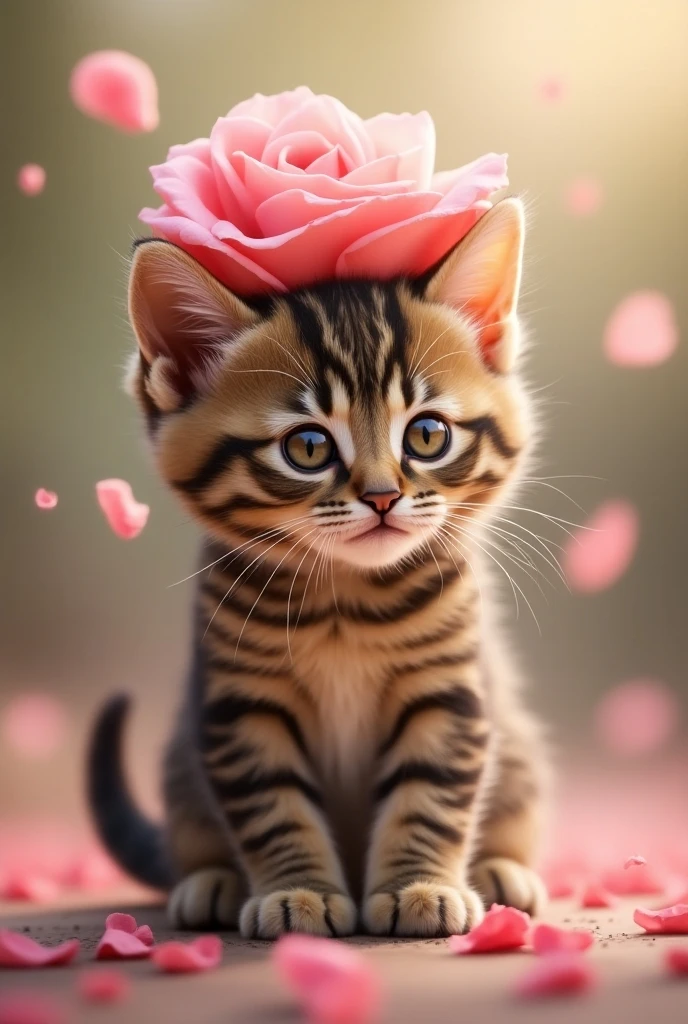 The cutest brown tiger pattern kitten in the world poses with a large pink rose on its head、Realistic、Rose petals fluttering through the screen 、 dynamic composition 