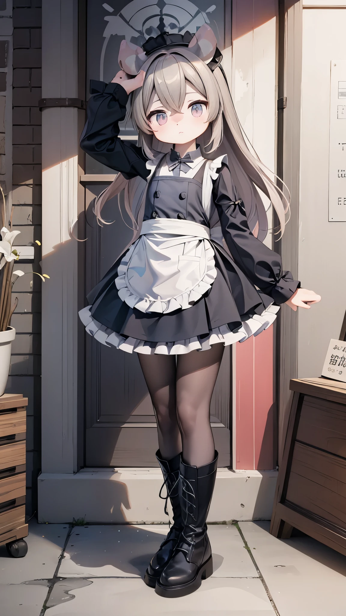 line-up，，Koukornidome doll， black leather boots ，  white pantyhose ,Maid costume