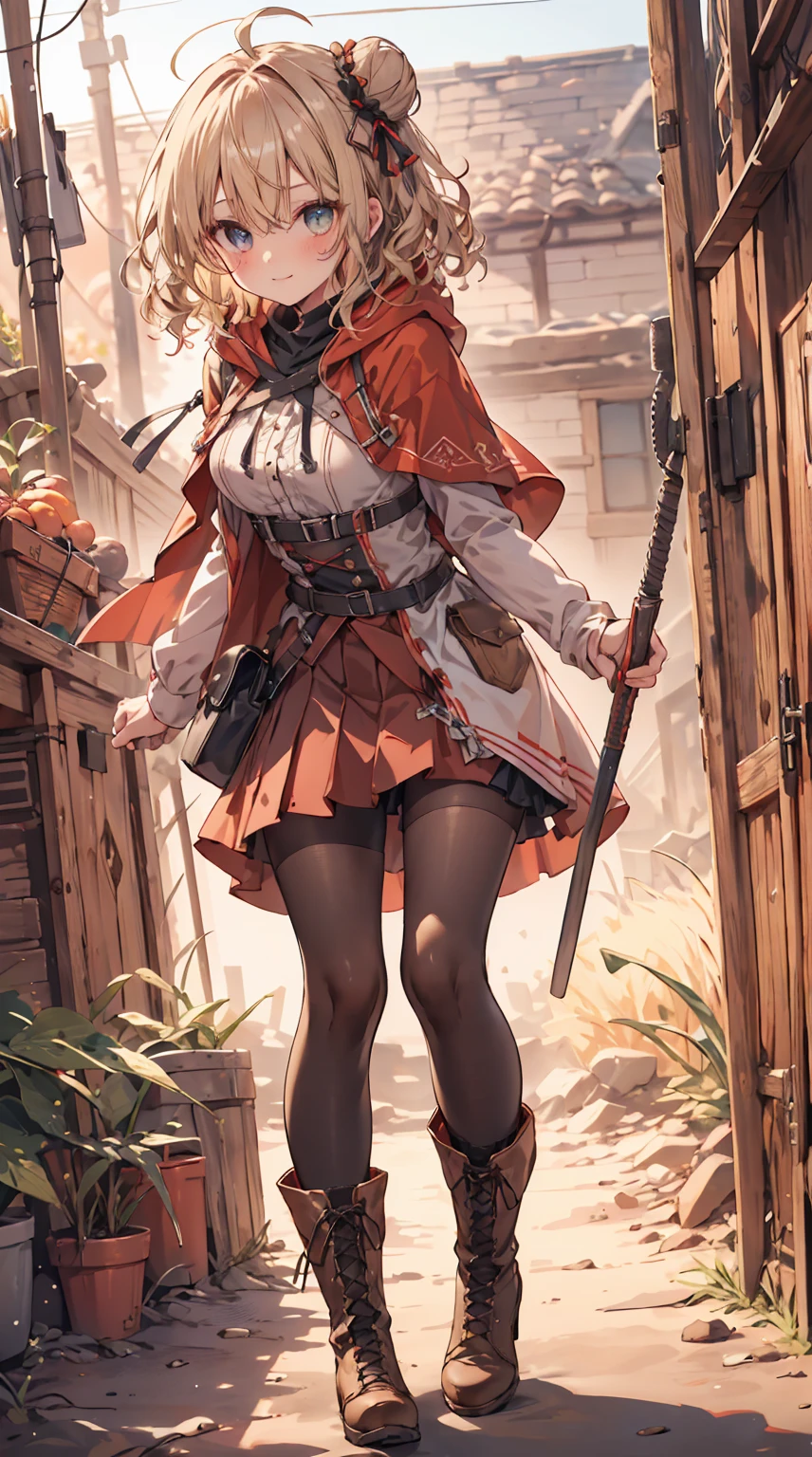 masterpiece, 1 girl, sparrow, a blonde haired girl, wearing a medieval villager clothes, curly medium hair, messy hair, slim body, he close her left eye, shirt ornament, ruby eyes, ahoge, baby face, long sleeves, beautiful eyes, boots, droopy eyes, her age is 19, nagisa_bluearchive, innocent face, medium hair, curly hair, MongolPunkAI, medium breasts, view from right down, she tease you, lend a hand to you, she very close to you, rainbow_one, farmer clothes, pleated skirt, crocth tattoo, innocent smile, medieval basement, hair ribbon, twin hair bun, innocent smile, red skirt, red hood, red capelet, red riding hood girl, wearing her hood, white pantyhose