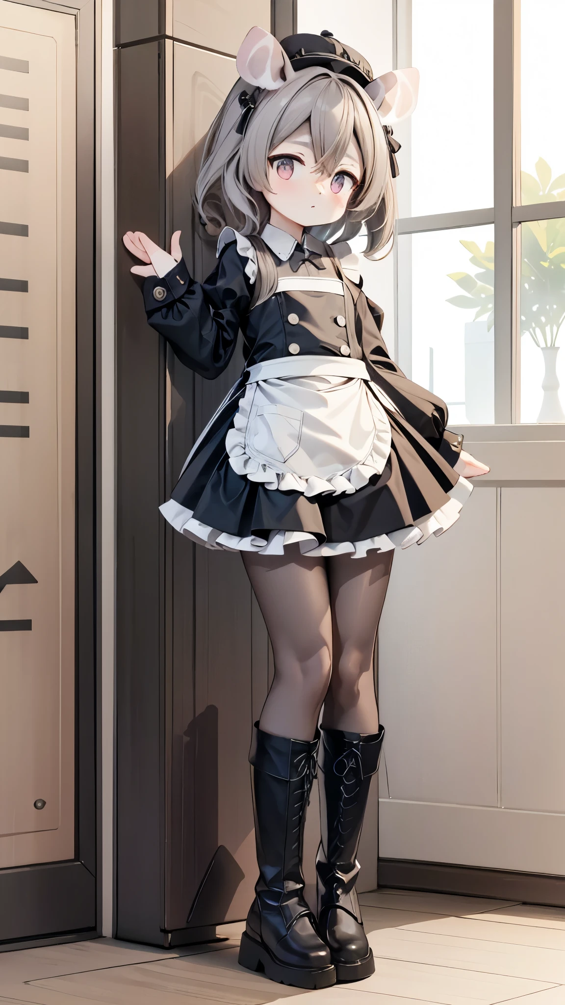 line-up，，Koukornidome doll， black leather boots ，  white pantyhose ,Maid costume