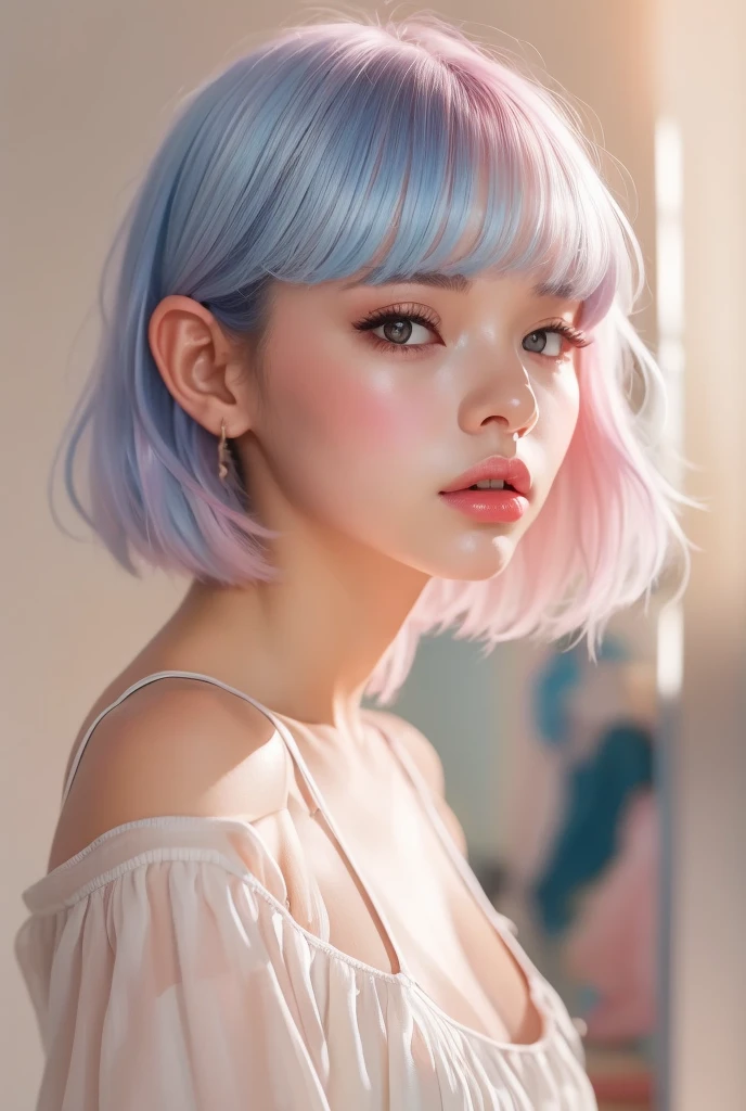 (  Details) ,  HYPER DETAIL , Realistic Portrait ,  perfect face.Teenage Girl,  is taking a selfie,front, clear double eyelids, blue eyes and long eyelashes, Realistic Face,  Details skin、 Pink Short Hair, Forehead bangs  , Sheer cropped off-the-shoulder shirt and white high-waisted pleated skirt , Bra Shoulder Straps 、Indoor lighting, White background , Natural Light , Soft Shadows,  Cozy and relaxed vibe  .