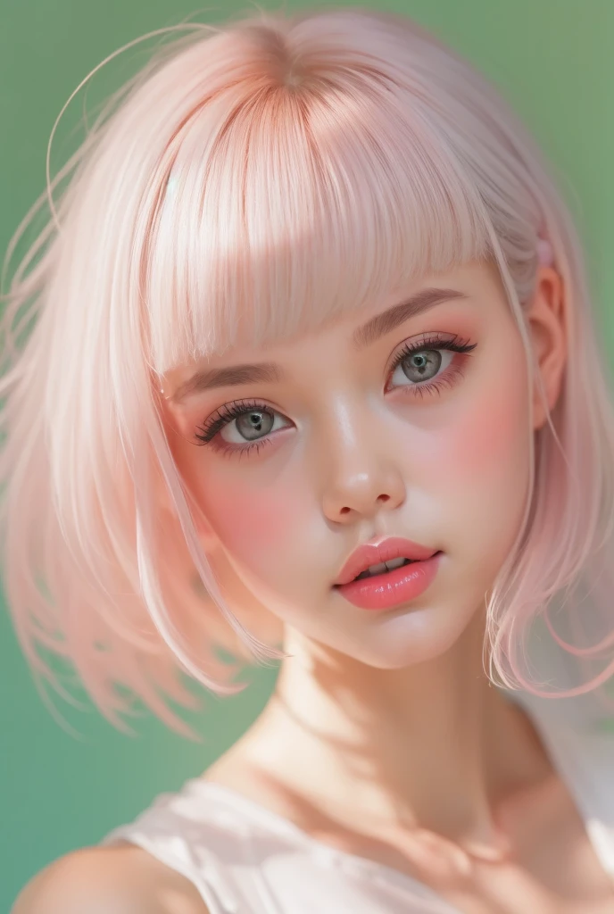 (  Details) ,  HYPER DETAIL , Realistic Portrait ,  perfect face.Teenage Girl,  is taking a selfie,front, clear double eyelids, blue eyes and long eyelashes, Realistic Face,  Details skin、 Pink Short Hair, Forehead bangs  , Sheer cropped off-the-shoulder shirt and white high-waisted pleated skirt , Bra Shoulder Straps 、Indoor lighting, White background , Natural Light , Soft Shadows,  Cozy and relaxed vibe  .