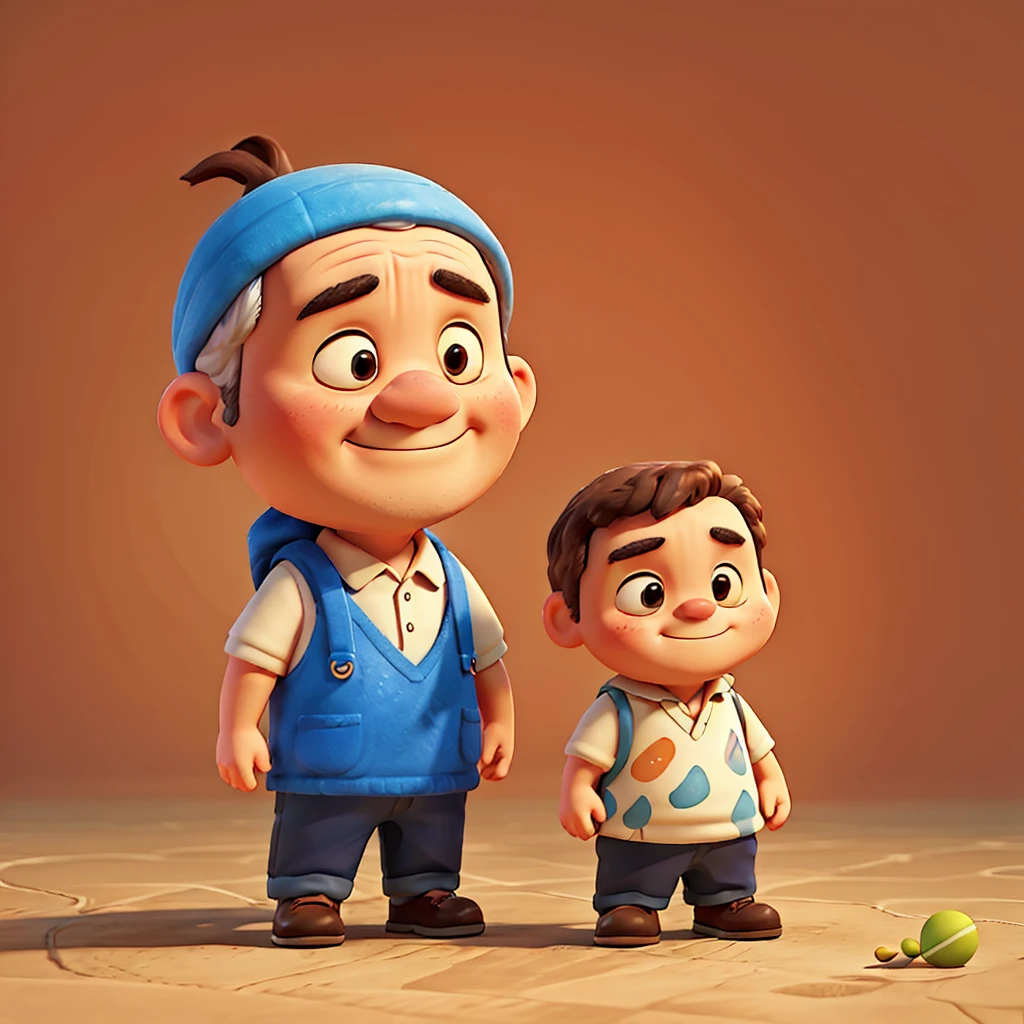 「 a stubborn father character is beating、 3D animated illustration with a round shape 。The whole thing is rounded 、 cute and unhavable appearance 。 fantasy style background added 、 Friendly Atmosphere 。 funny old man character 、A photo of only one person。」