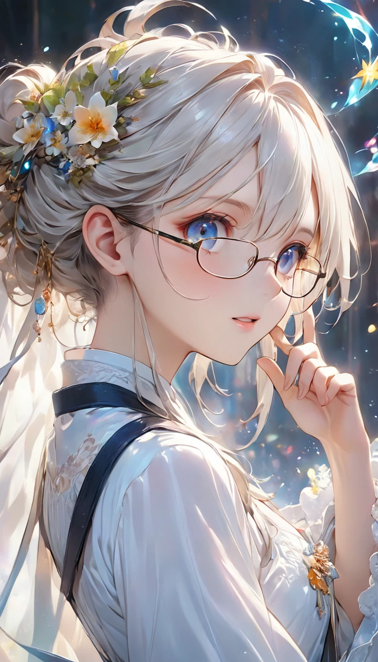 Faithfully reproduce the gesture of wearing glasses, Magical moments, 
break 視聴者に顔を向けて上目遣いで機嫌を伺う表情, 
break,  bright and charming eyes, 
break ( dynamic shot from the side:1.1,  eye height shot), masterpiece, accurate,  anatomically correct , Best Quality, 