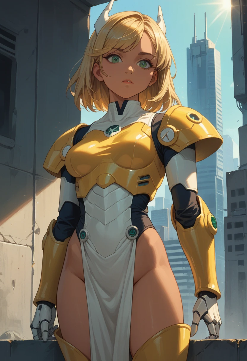 blonde hair, medium hair, green eyes, swept bangs, medium breasts, (((((dark skin))))), yellow bodysuit, yellow armor, spiky pauldron, arm braces, vambraces, (white robotic boobplate), white pelvic curtain, futuristic city, sunlight, (white dragon mask)