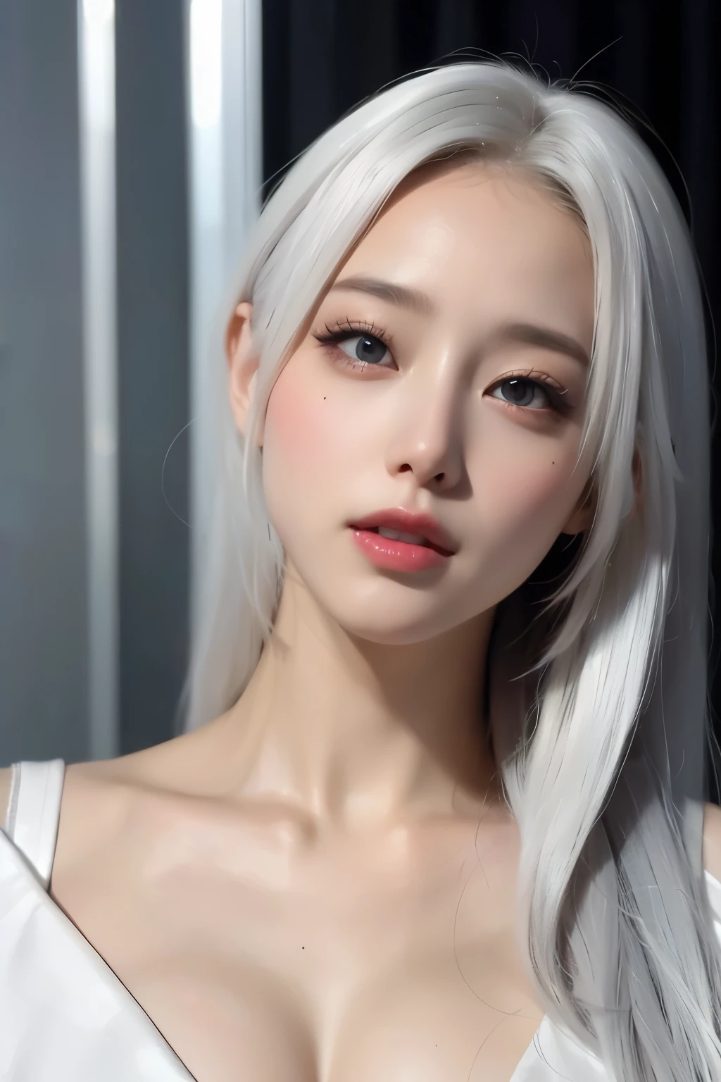 realistic, High resolution, 1 female, glowing skin, alone, wide lips,long hair,straight hair,saggy breasts,small face,white hair,Color Contacts,Trendy fashion,Full body coordination daytime,realistic skin texture,Real,K-pop Idol