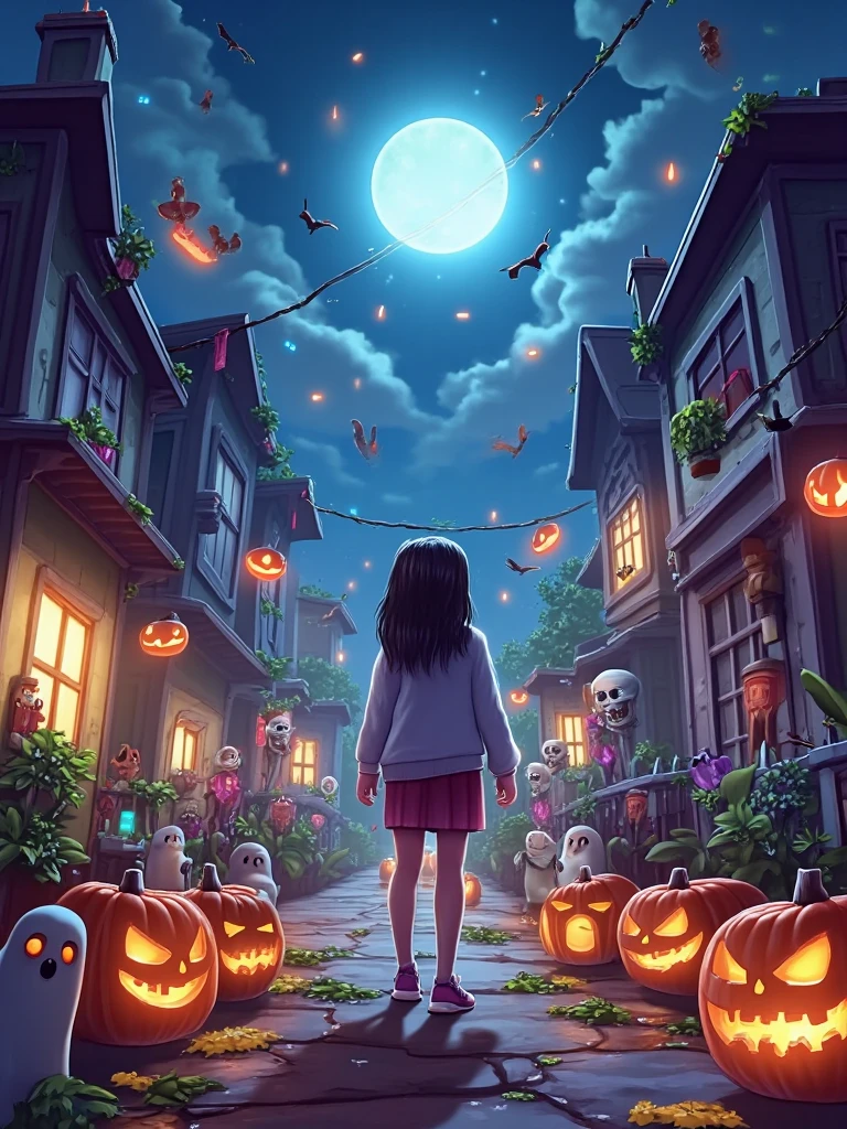 [Vision:1.0]，[Wide Angle:1.0]，写真photography，Halloween Night， Surrounded by various characters in the Plants vs. Zombies game，The girl stands in the middle ， Halloween decorations （Such as pumpkins、ghost、Skeleton）， creates a festive atmosphere ，Bright colors， cartoon style with a sense of humor ， combines the mystery and fun of Halloween ，photography，Movie Stills，Realism， film grain ，UHD，masterpiece，accurate， anatomically correct，Skin texture ， super detailed，Award-winning works， best quality ，8k，Bright colors，Bright，RGB， Colorful， is popular on social platforms，((Dopamineism))，((( dopamine color scheme )))，Facing the screen，High Saturation， high contrast 