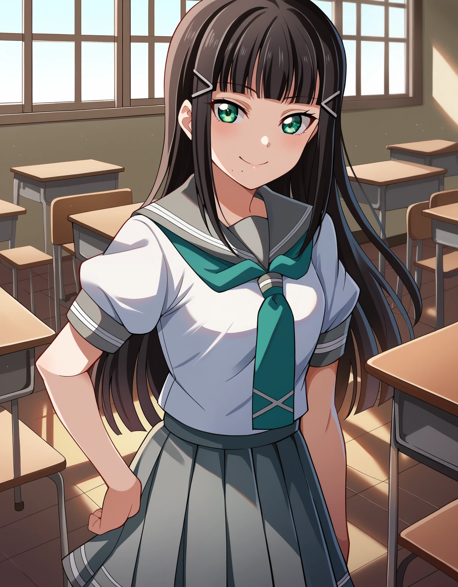  score_9,  score_8_up,  score_7_up, sauce_Anime,
Dear Kurosawa, Kurosawa Diamond, Long Hair, bangs,  Black Hair ,  Hair Ornament , green eyes,  side lock, Hair Clip, blunt bangs, mole, mole under mouth, smile,
skirt,  school uniform , Short sleeve, pleated skirt, Seraph, socks,   neckerchief  , Knee-high, black socks, green   neckerchief  , grey skirt, uranohoshi  school uniform ,
indoor, classroom,
looking at viewer,  cowboy shot, Dutch Corner,