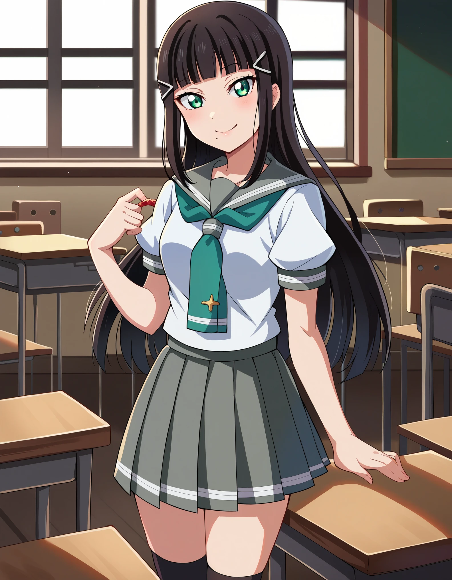  score_9,  score_8_up,  score_7_up, sauce_Anime,
Dear Kurosawa, Kurosawa Diamond, Long Hair, bangs,  Black Hair ,  Hair Ornament , green eyes,  side lock, Hair Clip, blunt bangs, mole, mole under mouth, smile,
skirt,  school uniform , Short sleeve, pleated skirt, Seraph, socks,   neckerchief  , Knee-high, black socks, green   neckerchief  , grey skirt, uranohoshi  school uniform ,
indoor, classroom,
looking at viewer,  cowboy shot, Dutch Corner,