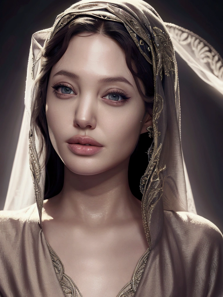 a young Angelina Jolie, muslim hijab, beautiful detailed eyes, beautiful detailed lips, extremely detailed face, long eyelashes, graceful pose, serene expression, flowing dress, intricate hijab patterns, dramatic lighting, cinematic composition, dramatic lighting, saturated color palette, oil painting, masterpiece, 8k, ultra-detailed, photorealistic, hair covered,