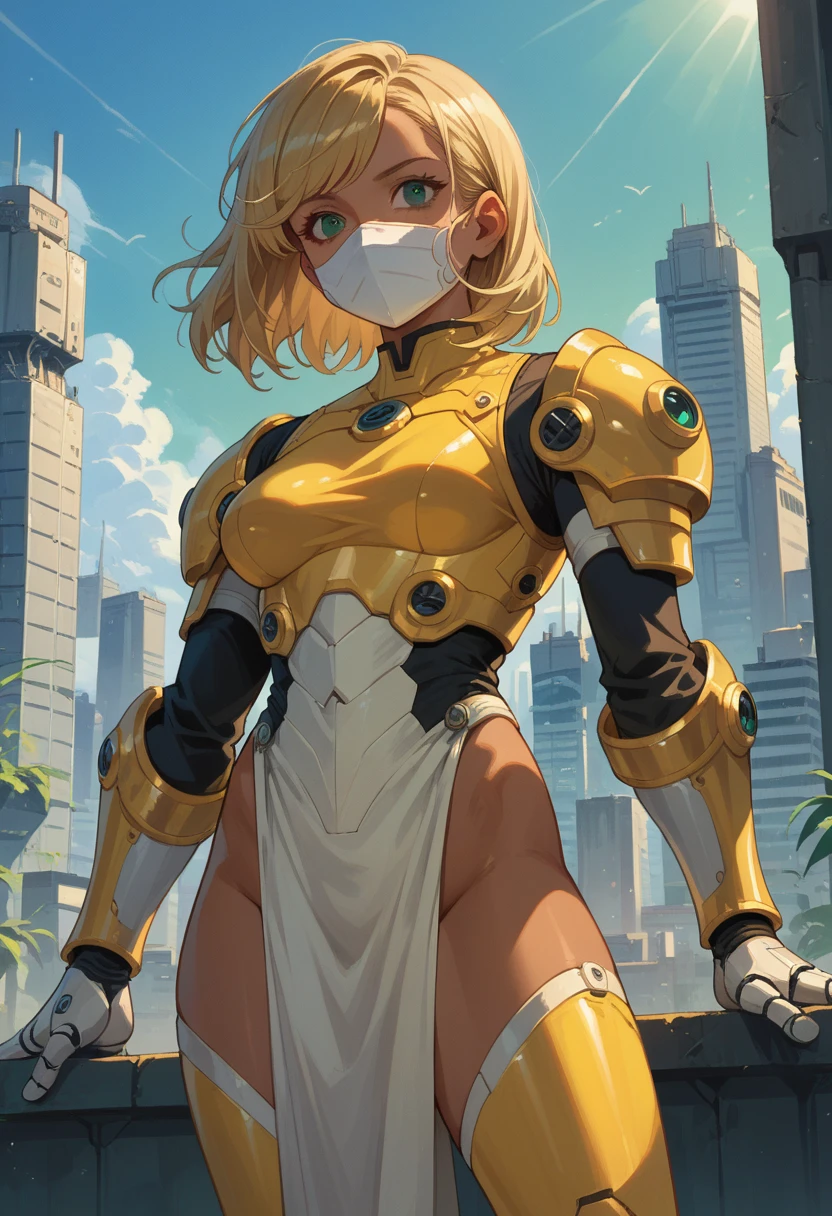 blonde hair, medium hair, green eyes, swept bangs, medium breasts, (((((dark skin))))), yellow bodysuit, yellow armor, spiky pauldron, arm braces, vambraces, (white robotic boobplate), white pelvic curtain, futuristic city, sunlight, (((white mask)))