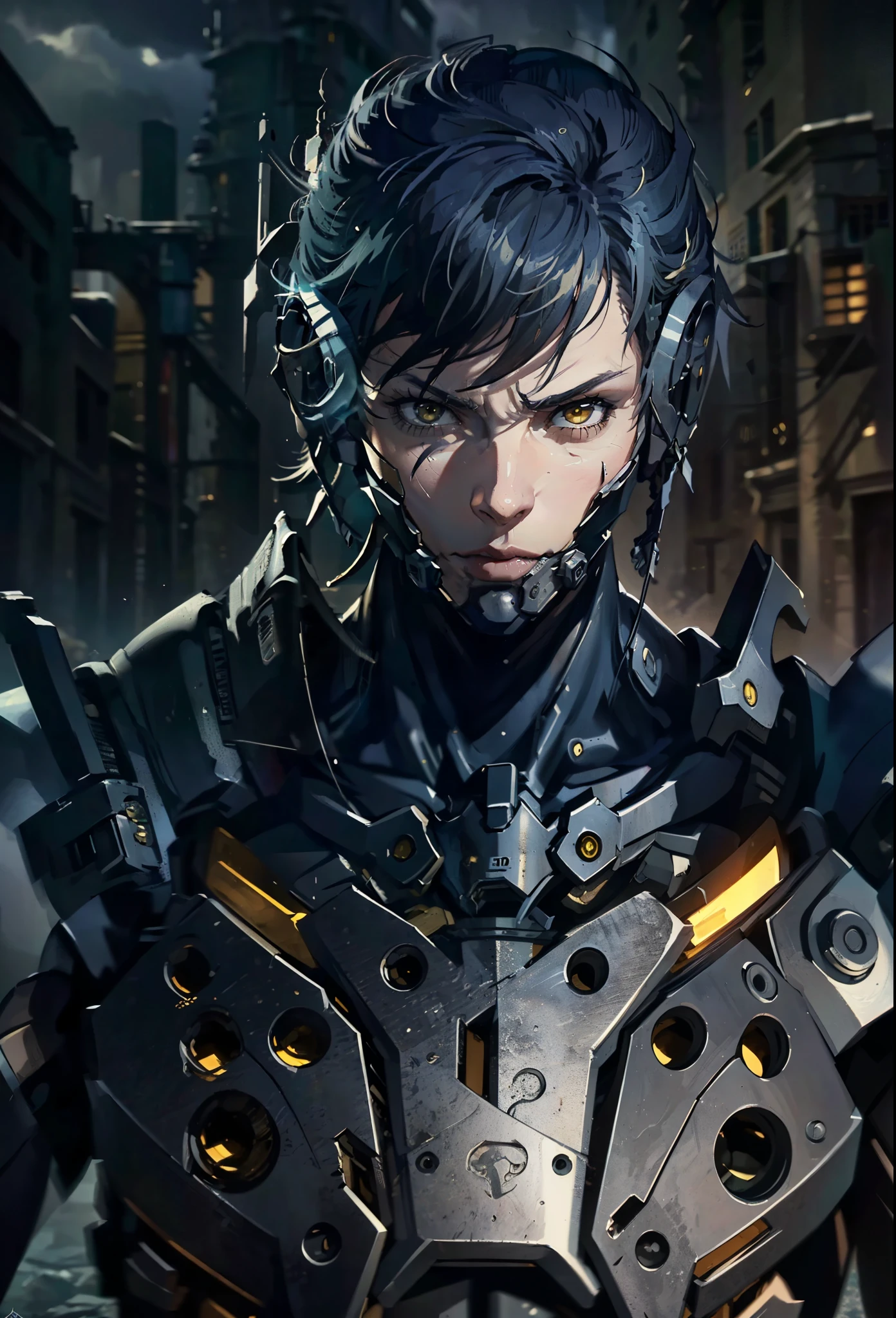 absurdres, highres, ultra detailed, HDR, masterpiece, extremely detailed face and eyes, extremely detailed features, Raiden, Metal gear rising,  white spiky hair, yellow eyes, metal gear rising, final fantasy, solo, sexy man, handsome, cybernetic black armor, oppressive dark atmosphere, darkness, magical scene.