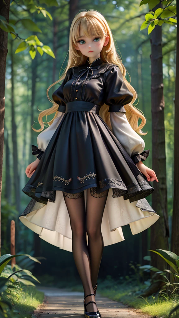 whole body、dress、 pantyhose、Black Footwear、blonde、Loose blade、Beautiful Face、green eyes、Forest Background、(masterpiece:1.2)、Best Quality、Confused、highly detailed wallpaper、 Full Photo、(黒とのdress、length)sleeve :1.1) , ren&#39;s Underwear, Flip-up skirt,  s shorts I can see, Low Angle,  flipping through my skirt,  angle from directly below to widen the vagina,  closet up,  look inside skirt ,  I can see my underwear 