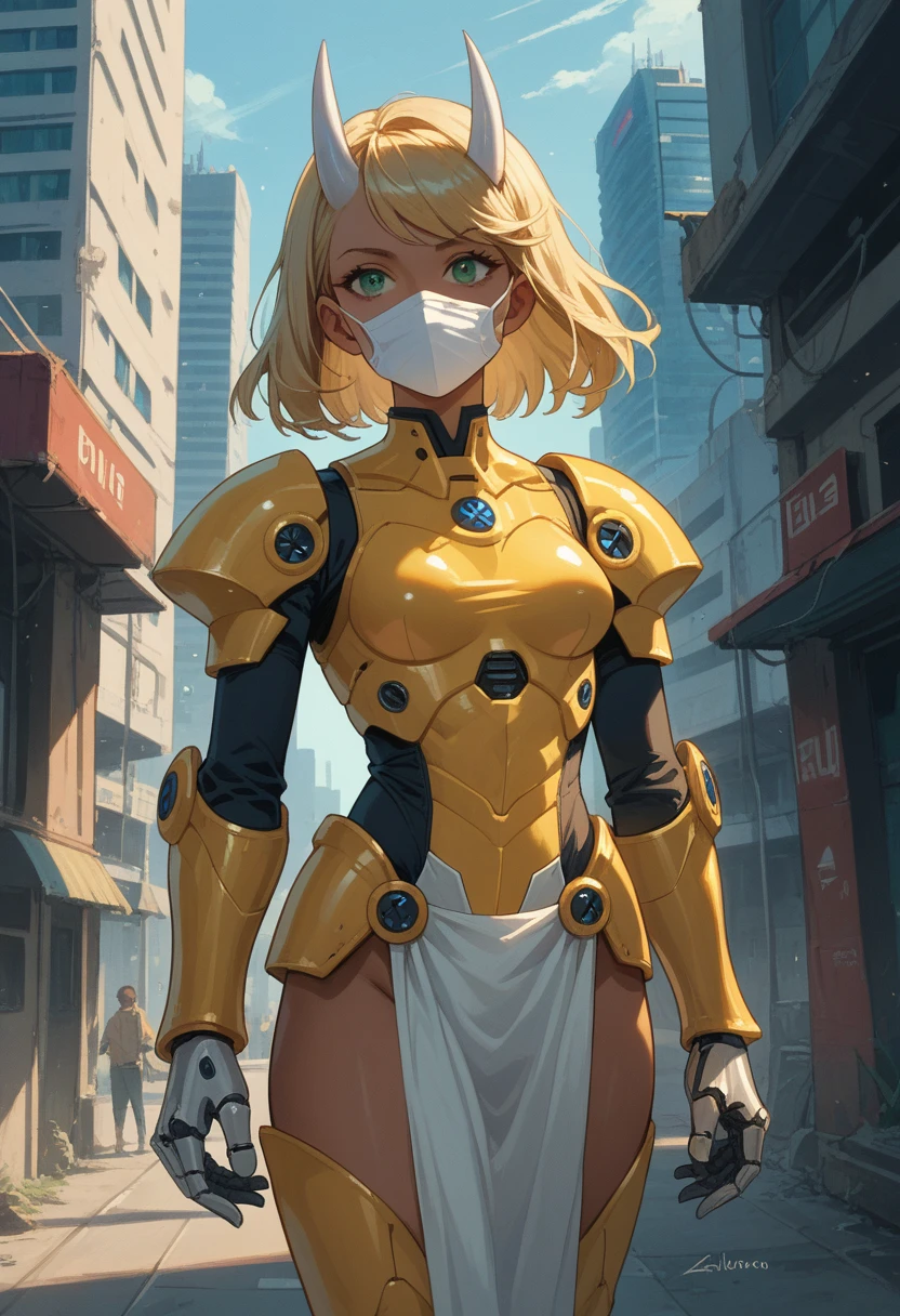 blonde hair, medium hair, green eyes, swept bangs, medium breasts, (((((dark skin))))), yellow bodysuit, yellow armor, spiky pauldron, arm braces, vambraces, (white robotic boobplate), white pelvic curtain, futuristic city, sunlight, (white horned complete mask)